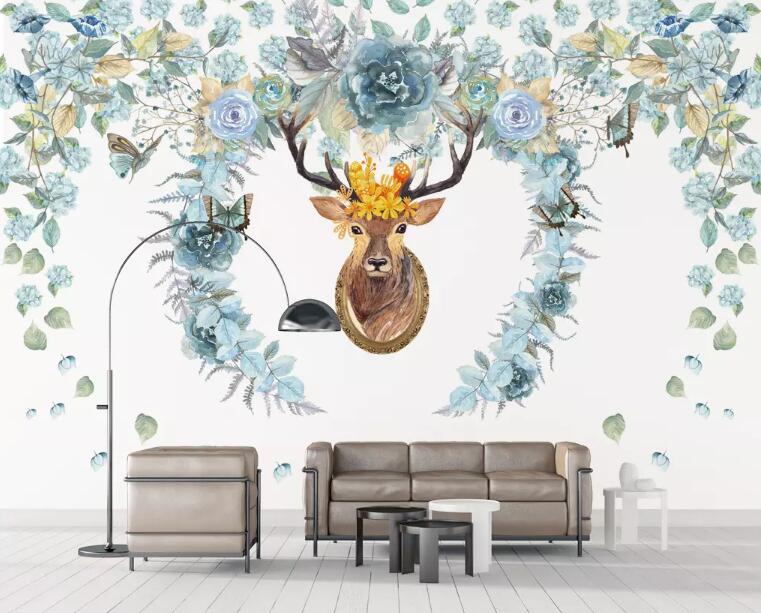3D Deer Head Rose WG790 Wall Murals
