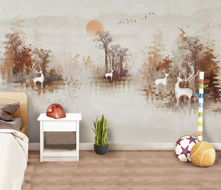 3D Sun White Deer WG826 Wall Murals
