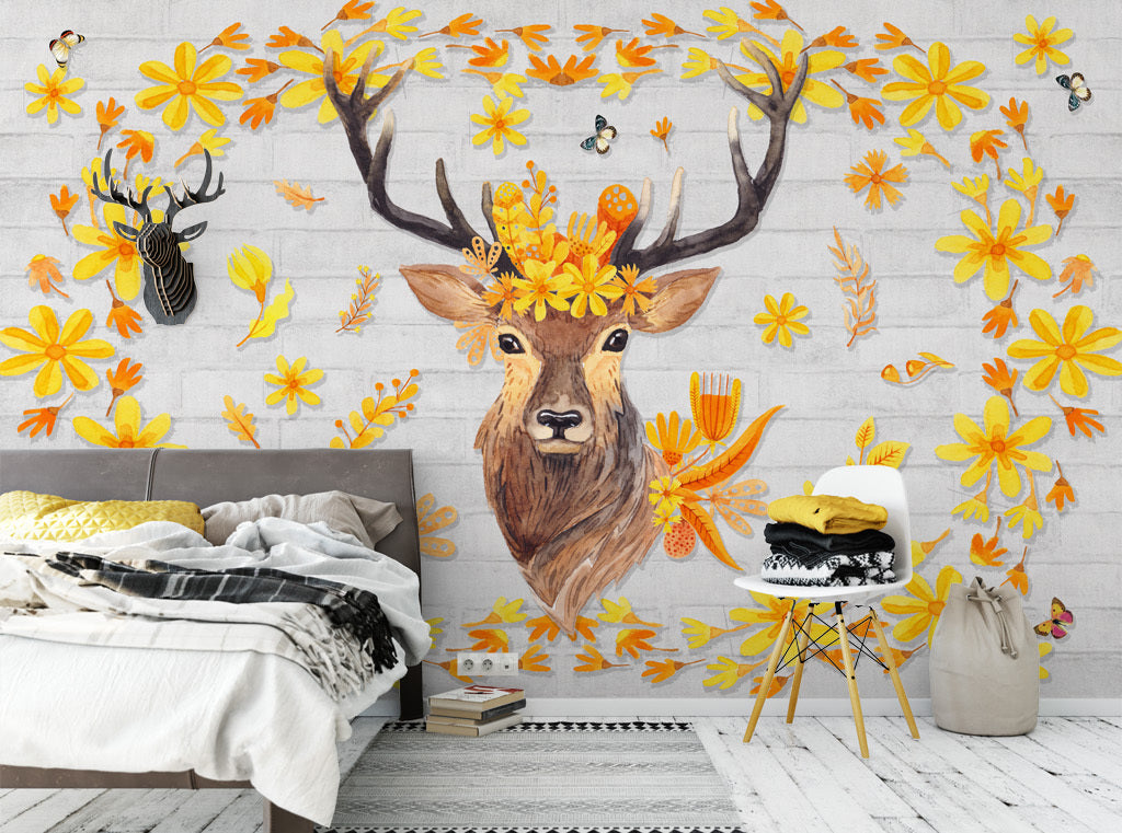 3D Flower Deer WG088 Wall Murals