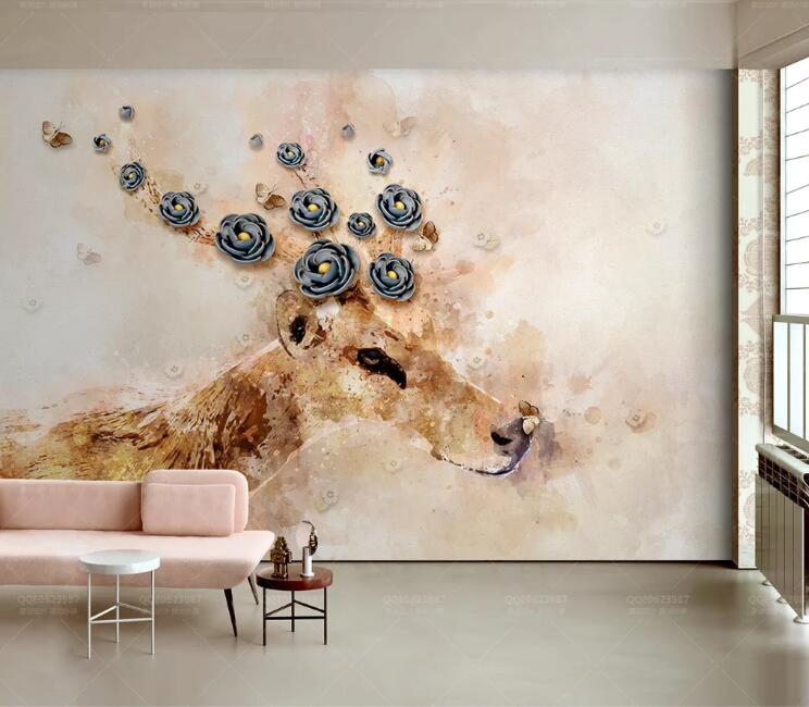 3D Flower Deer WC201 Wall Murals