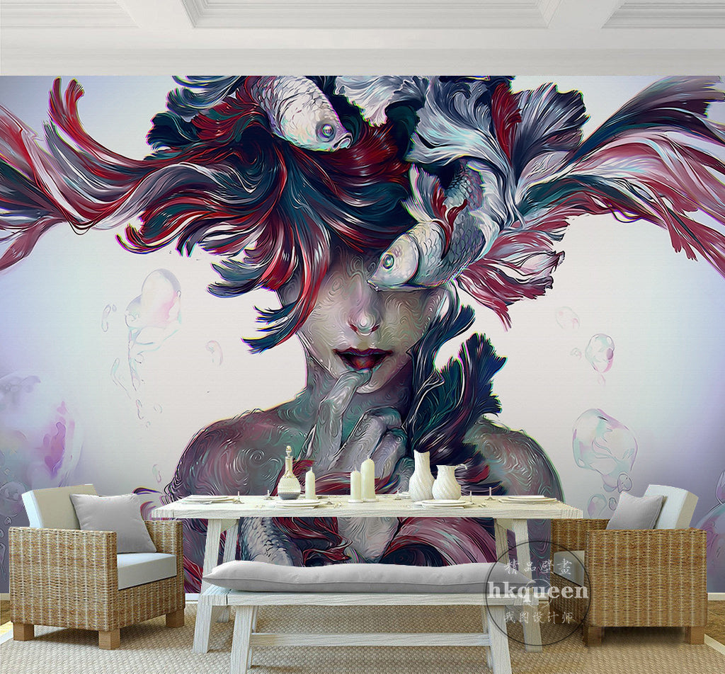 3D Woman Hair Fish WG299 Wall Murals