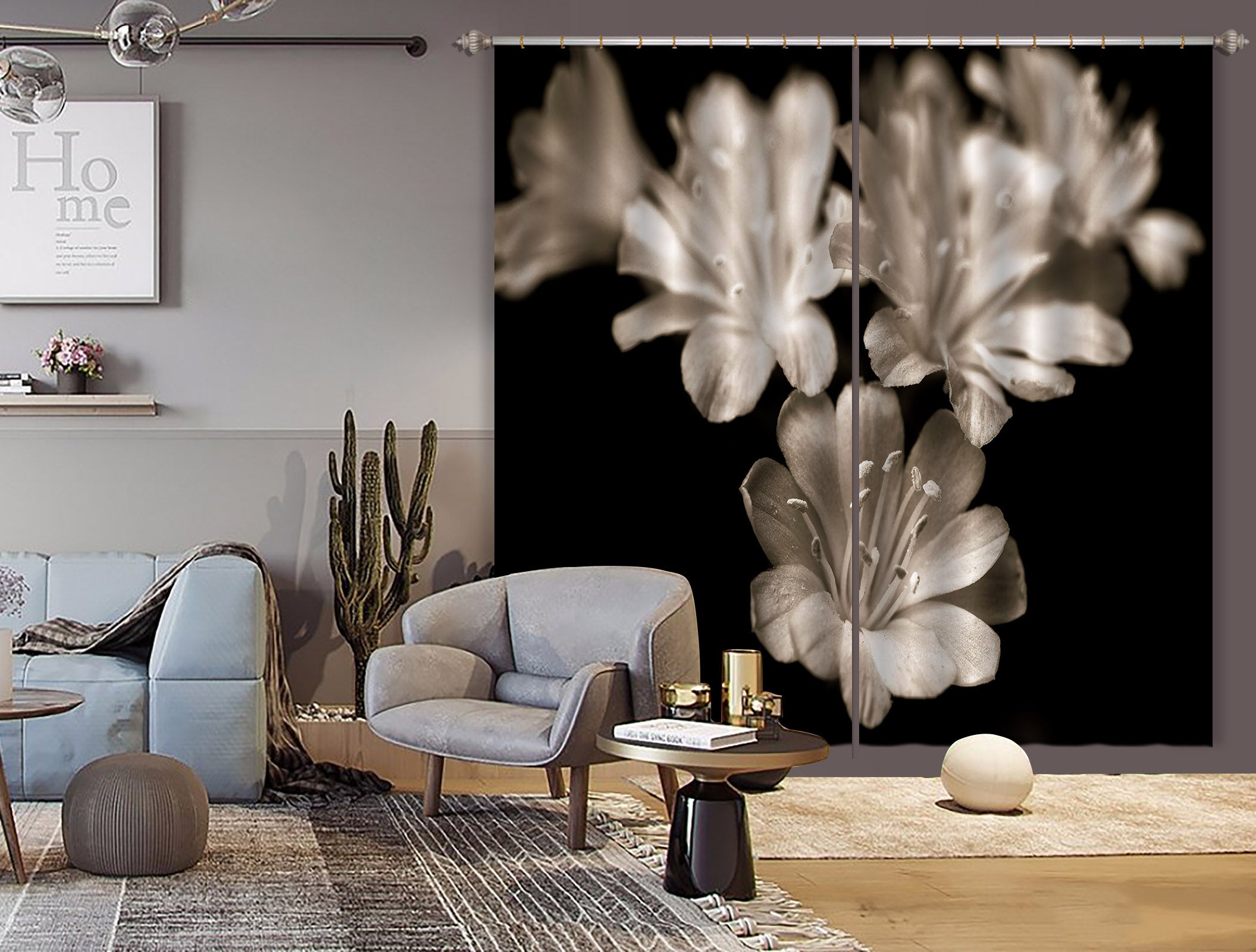 3D Grey Flowers 6301 Assaf Frank Curtain Curtains Drapes