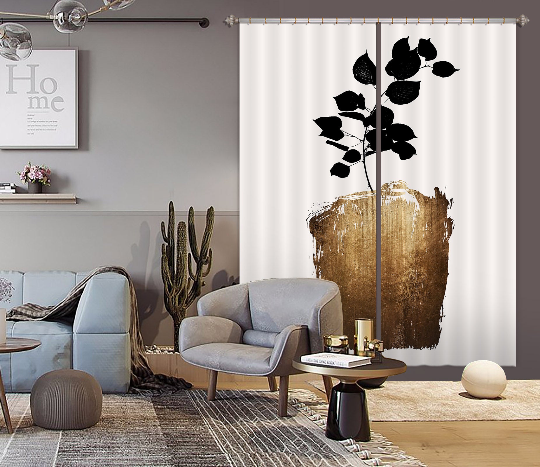 3D Golden Flowerpot Leaves 1107 Boris Draschoff Curtain Curtains Drapes