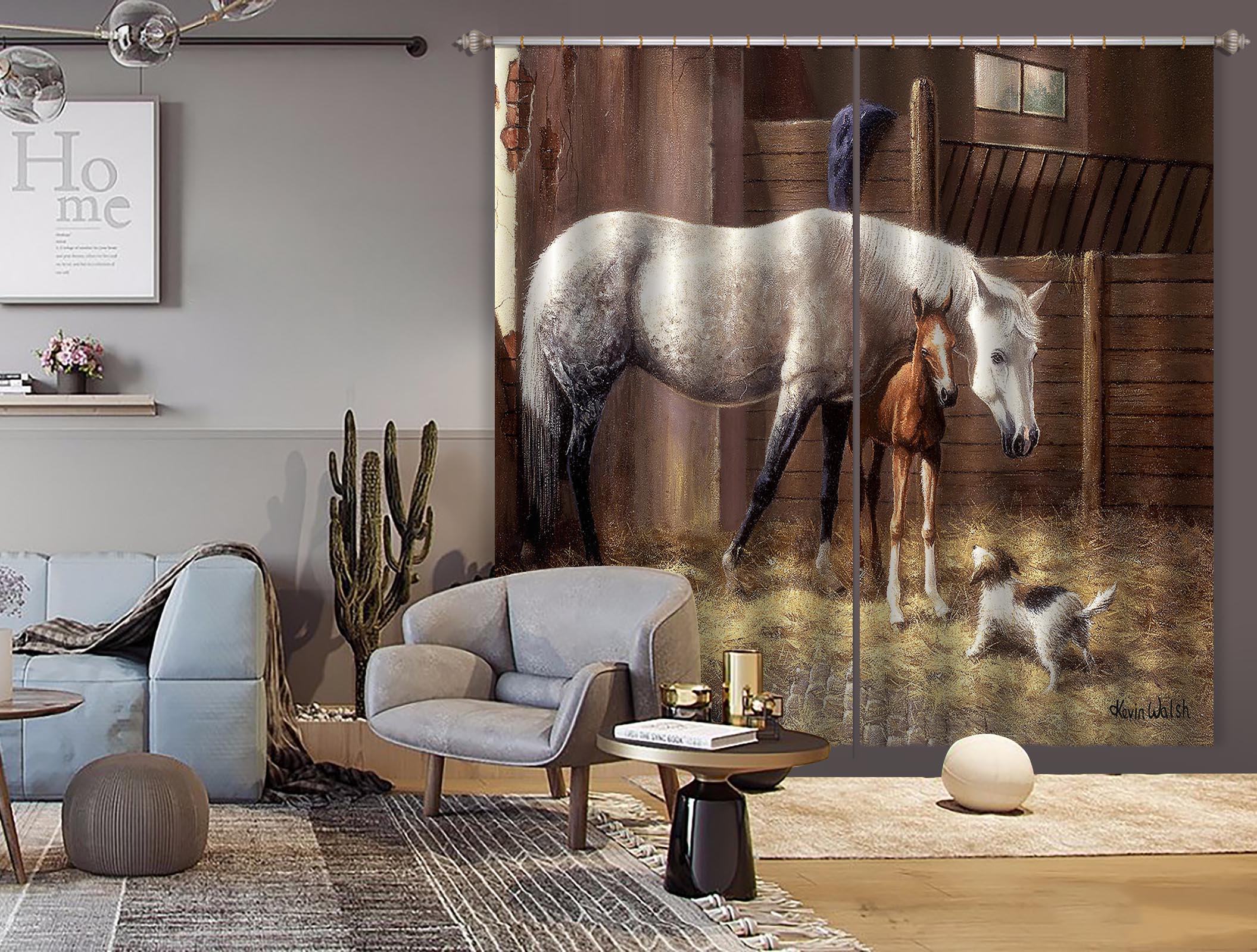 3D White Horse Meadow 134 Kevin Walsh Curtain Curtains Drapes