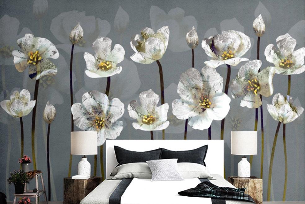 3D Long Stem White Flowers 1210 Wall Murals