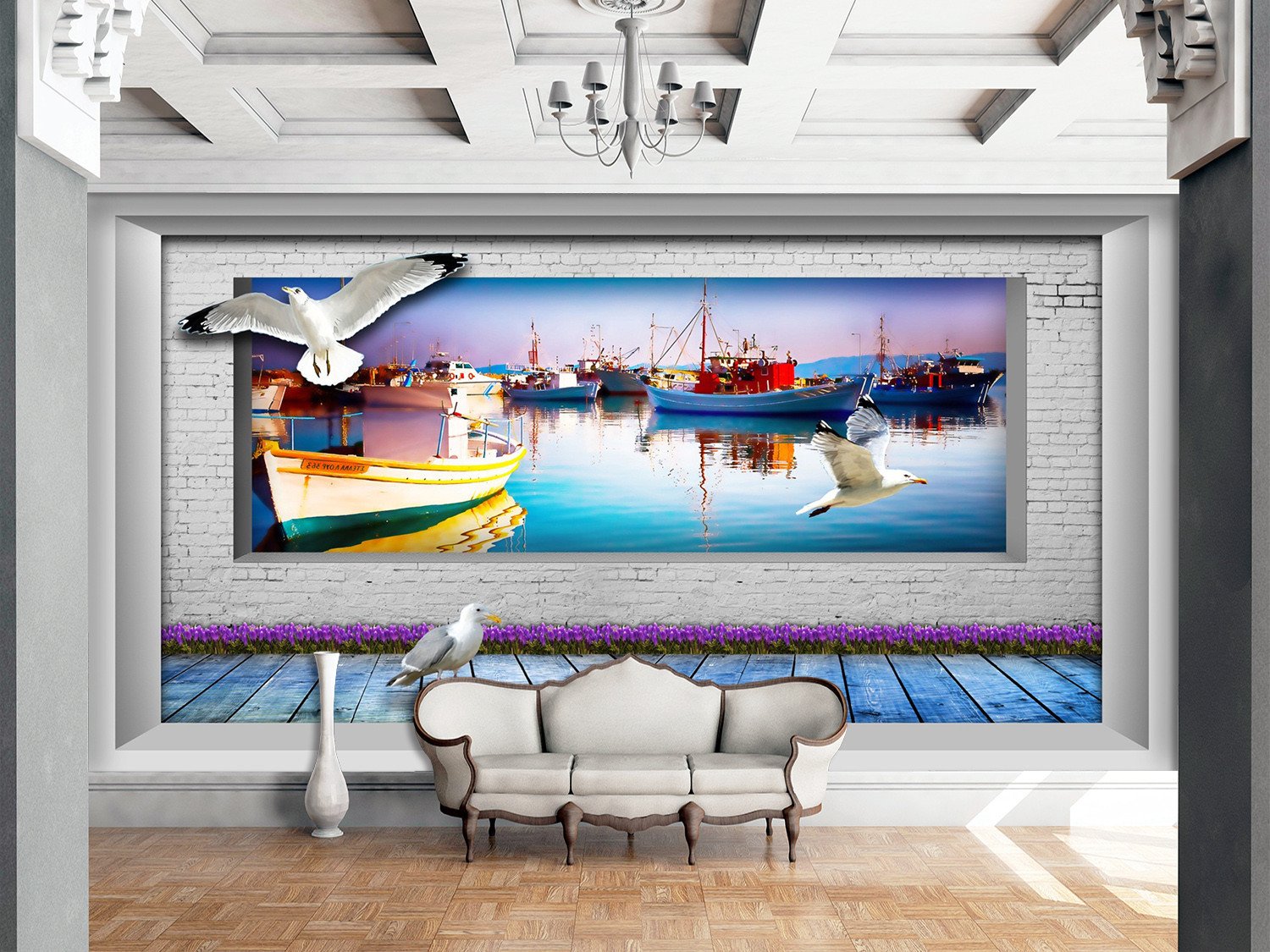 3D Seagull River Boats 342 Wallpaper AJ Wallpaper