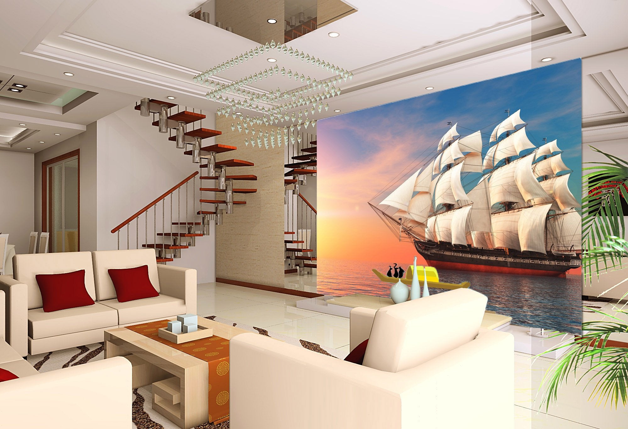 3D Sun-glow Sailing Boat 238 Wallpaper AJ Wallpaper