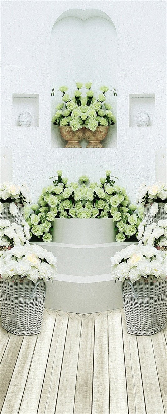 3D wooden floor flower flower blue door mural Wallpaper AJ Wallpaper