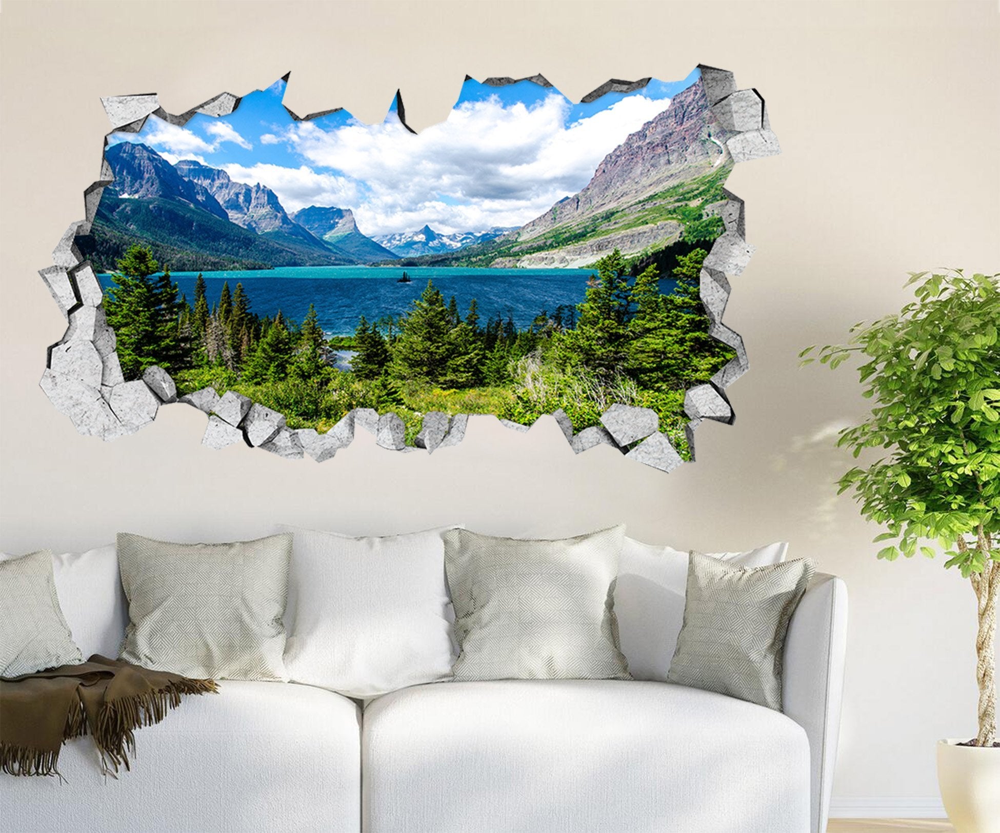 3D Mountains Lake Scenery 162 Broken Wall Murals Wallpaper AJ Wallpaper