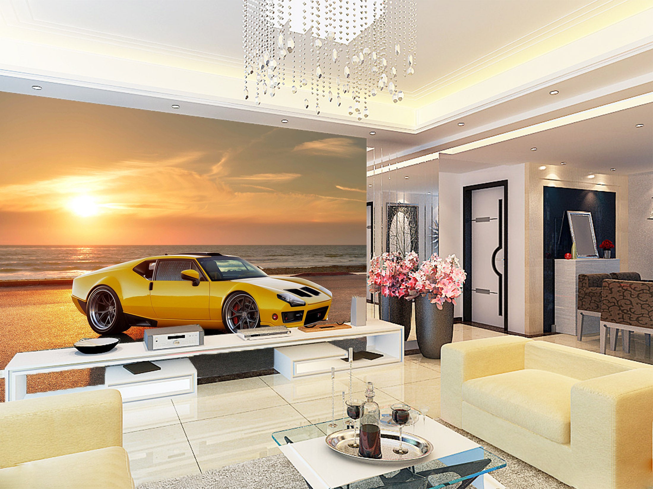 3D Sunset Sports Car 265 Vehicle Wall Murals