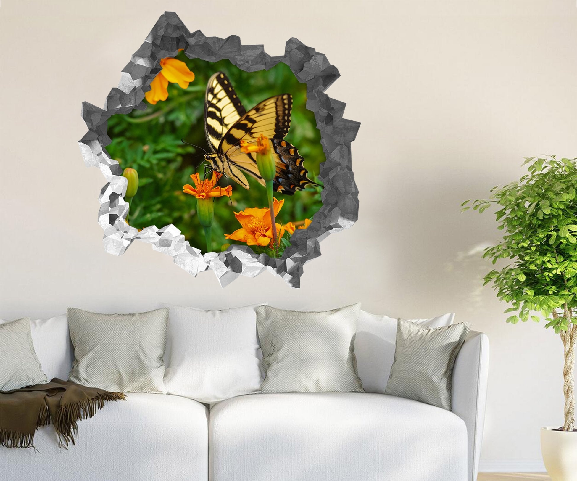 3D Flowers Butterfly 189 Broken Wall Murals Wallpaper AJ Wallpaper