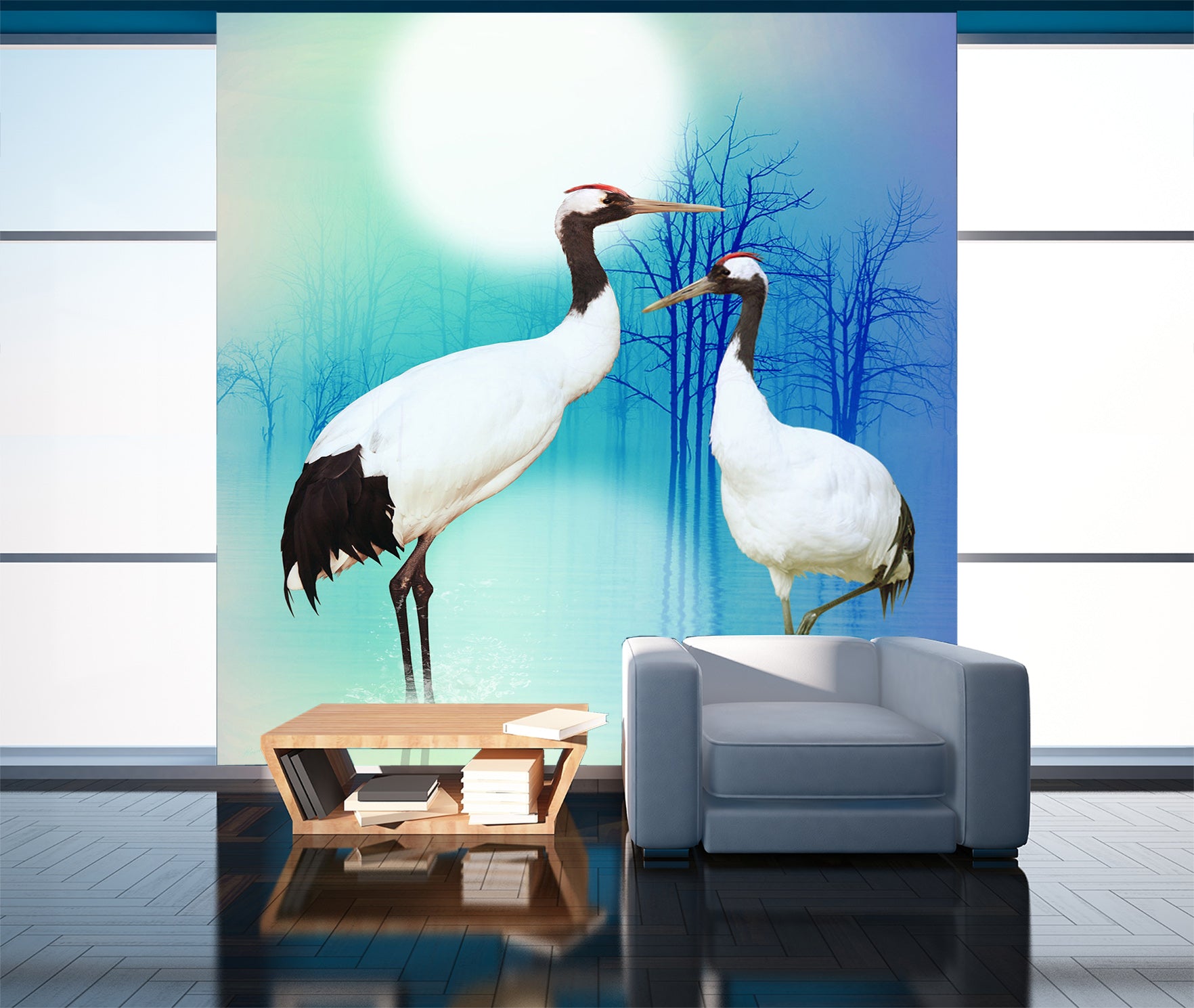 3D Moon White Crane 1089 Wall Murals