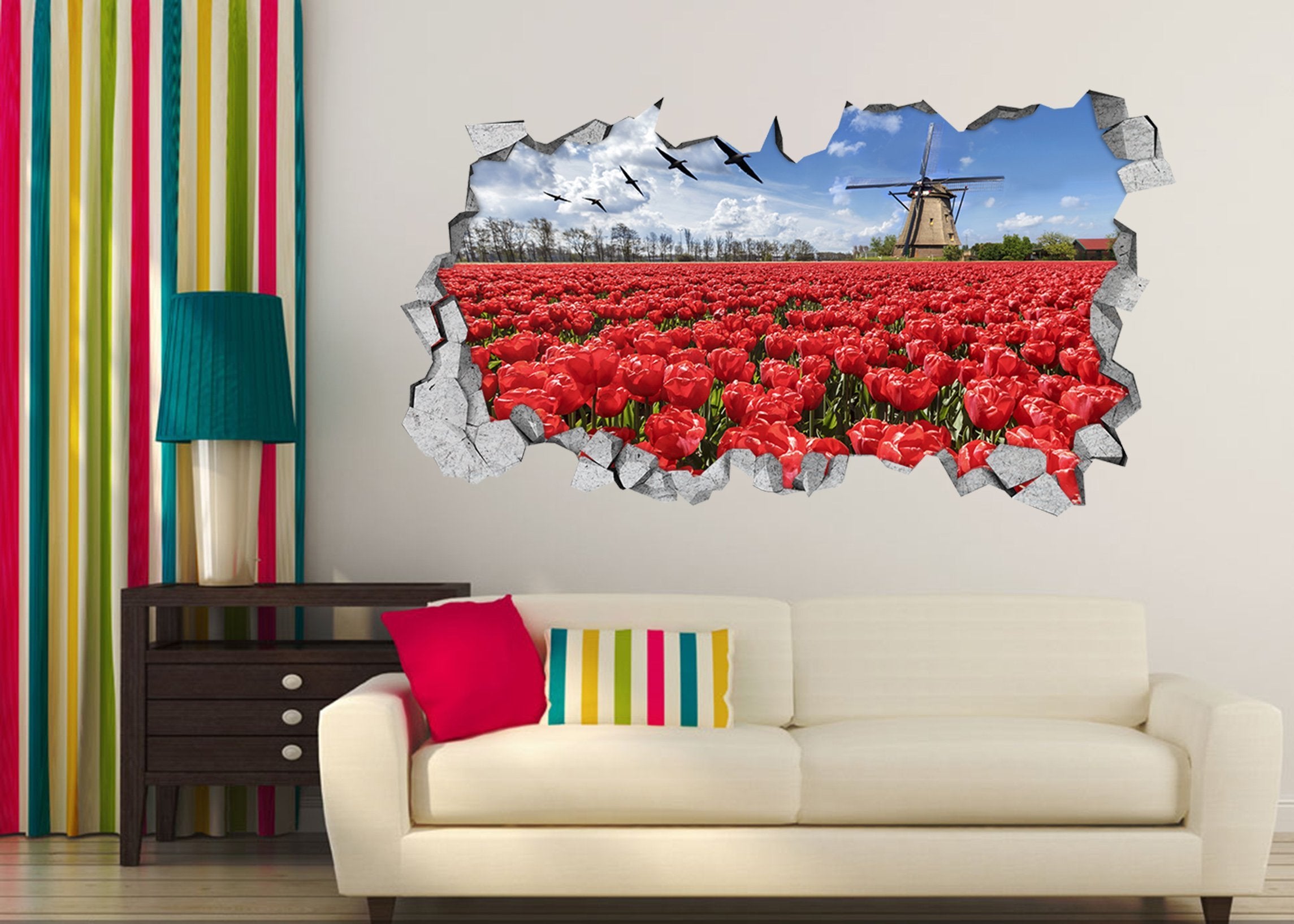 3D Tulip Flowers Field Windmill 180 Broken Wall Murals Wallpaper AJ Wallpaper