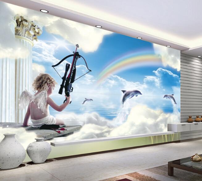3D Angel And Doplhin Blue Sky Rainbow Wallpaper AJ Wallpaper 1