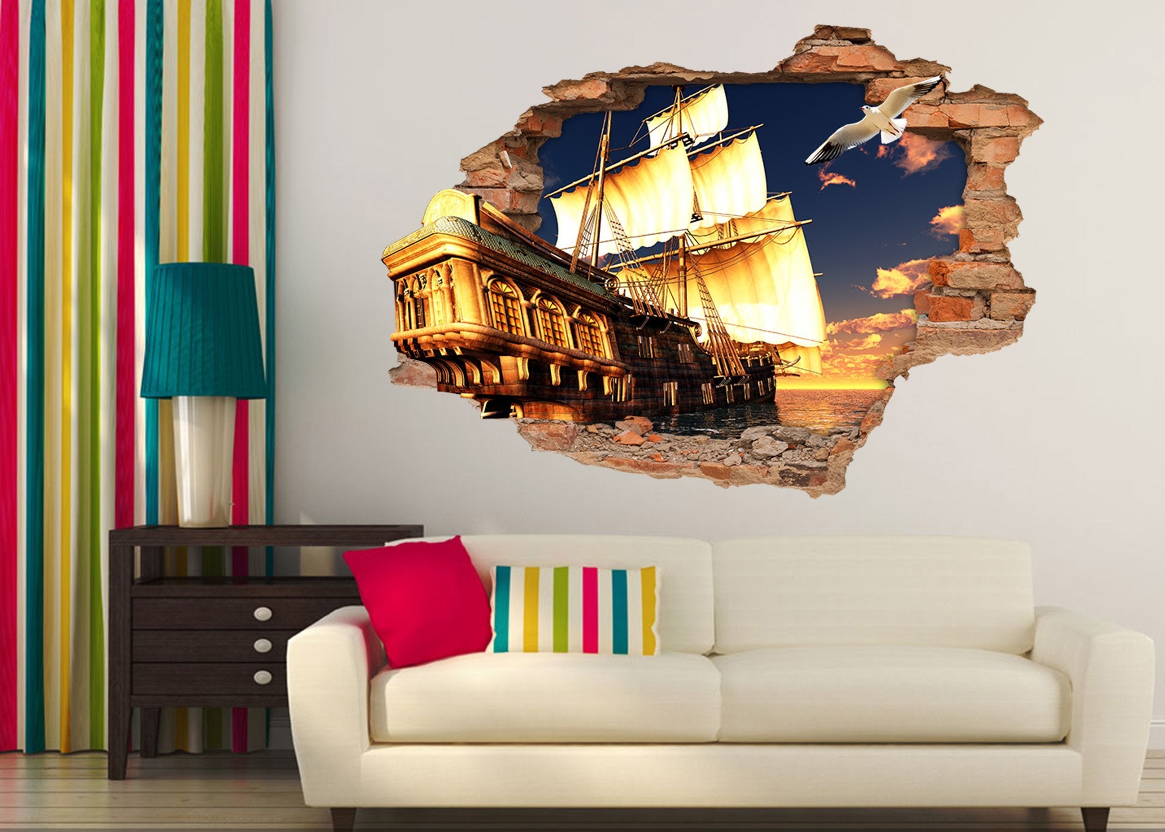 3D Dock Sailing Ship 204 Broken Wall Murals Wallpaper AJ Wallpaper