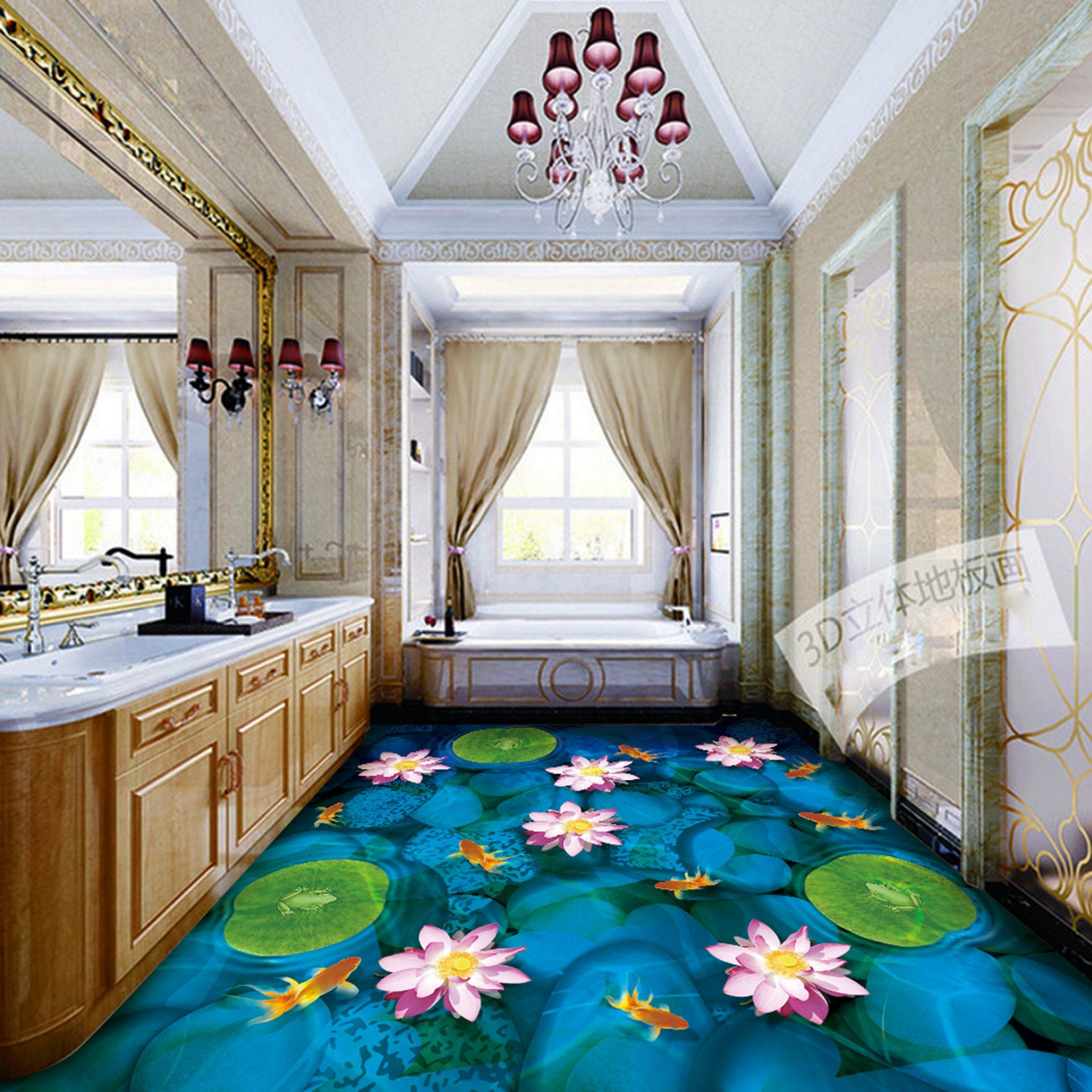 3D Lotus Goldfish WG634 Floor Mural Wallpaper AJ Wallpaper 2