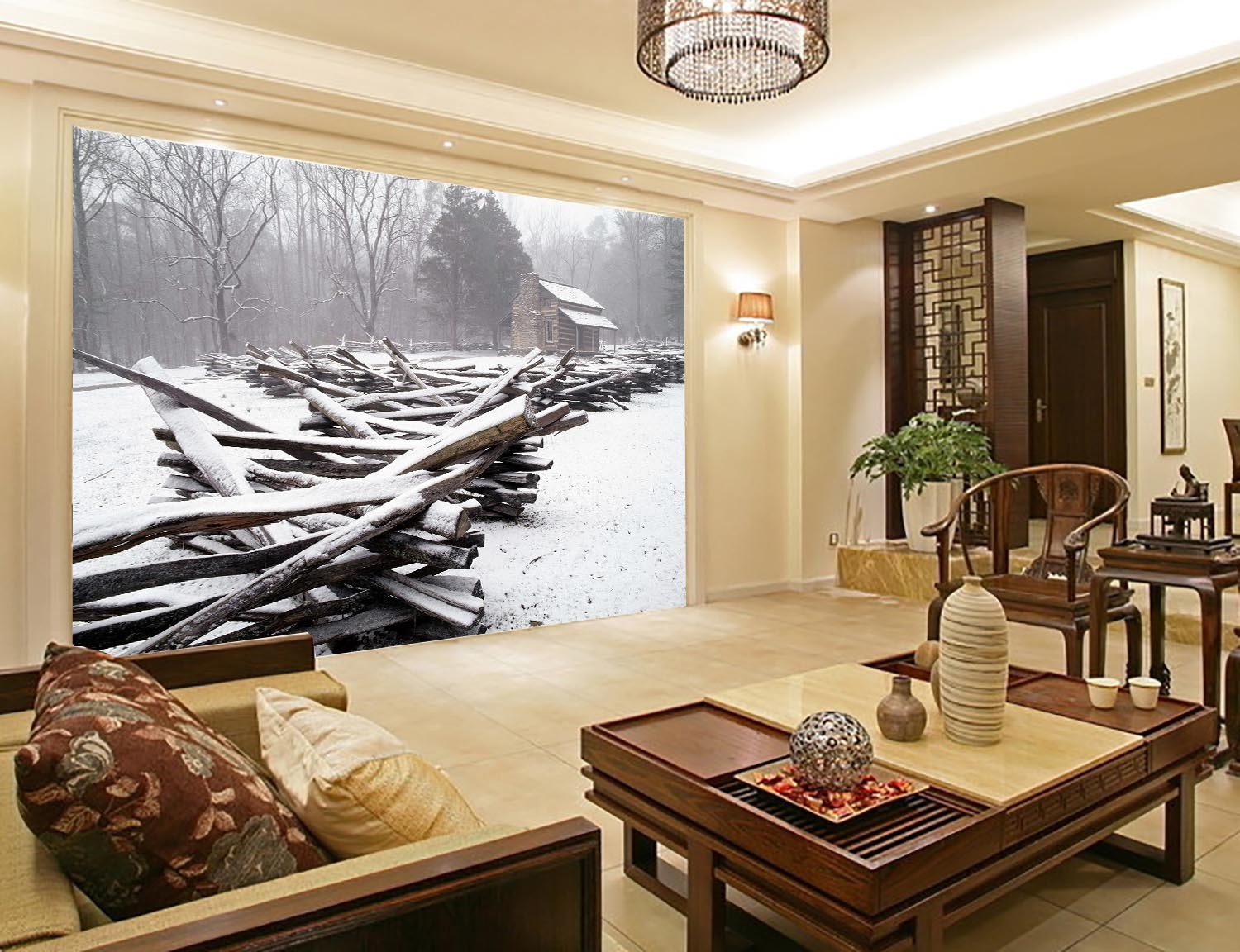 Snowy Forest Cottage Wallpaper AJ Wallpaper