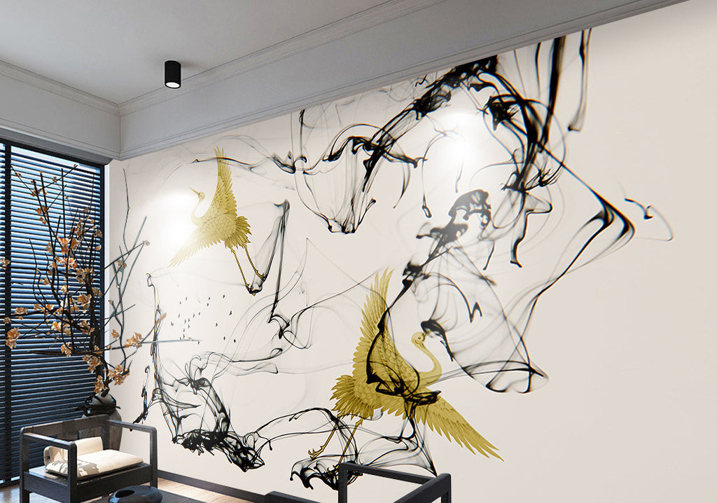 3D Gold Crane WG084 Wall Murals