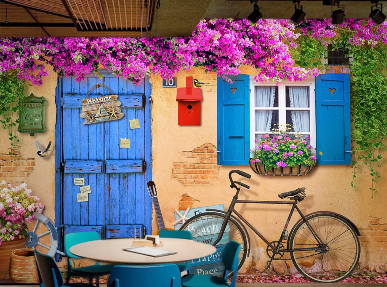 3D Wooden Door Flower Bicycle 185 Wallpaper AJ Wallpaper 2