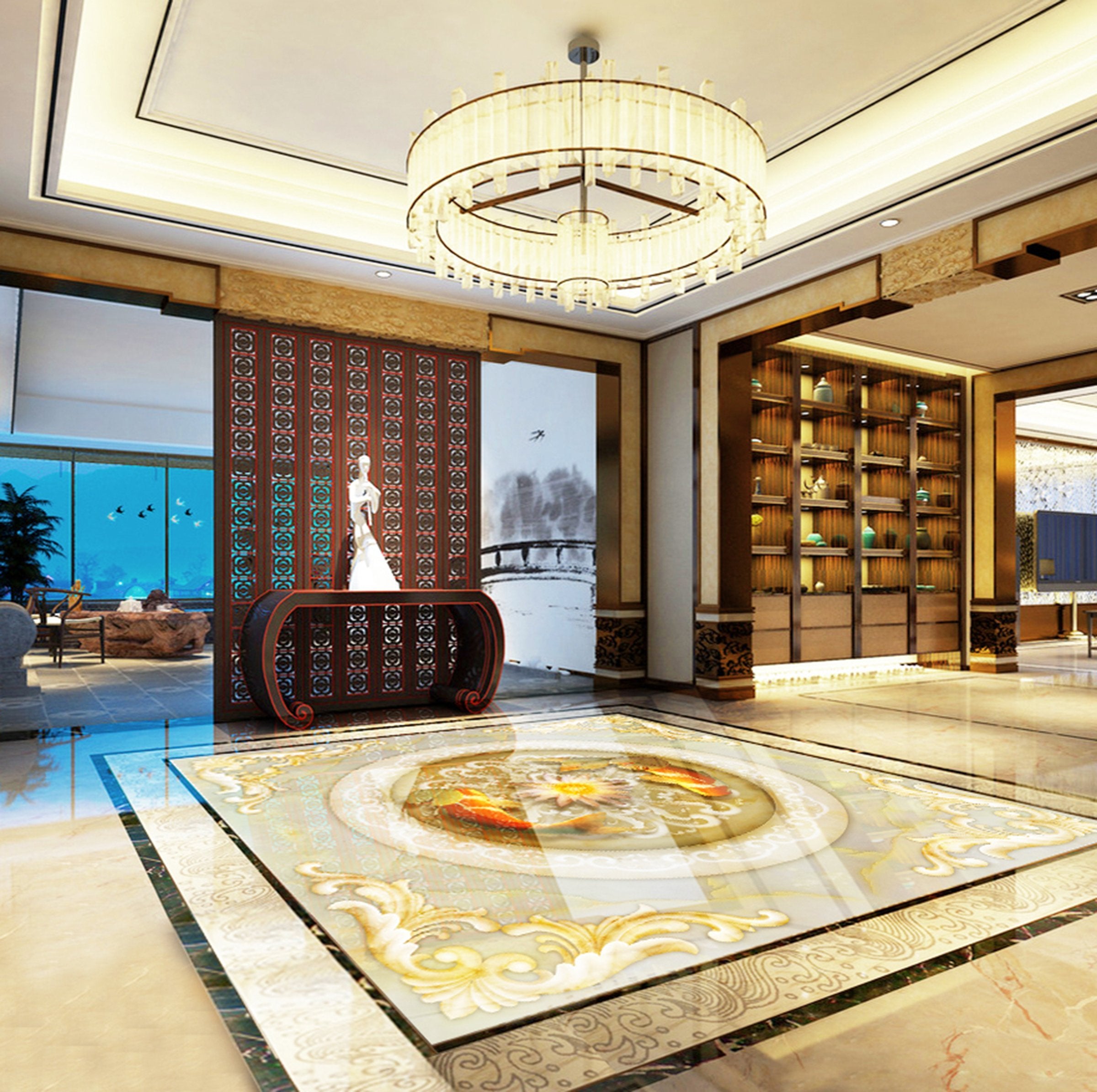 3D Golden Lotus WG382 Floor Mural Wallpaper AJ Wallpaper 2