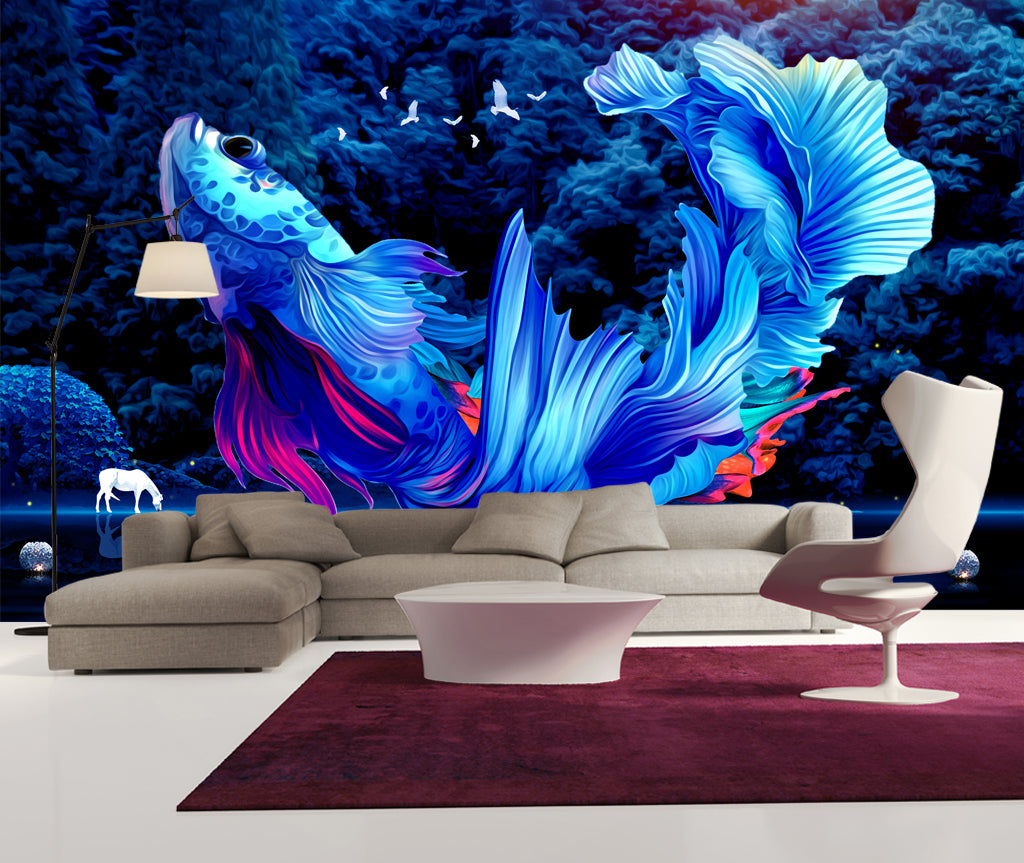 3D Blue Fish Bird WG216 Wall Murals