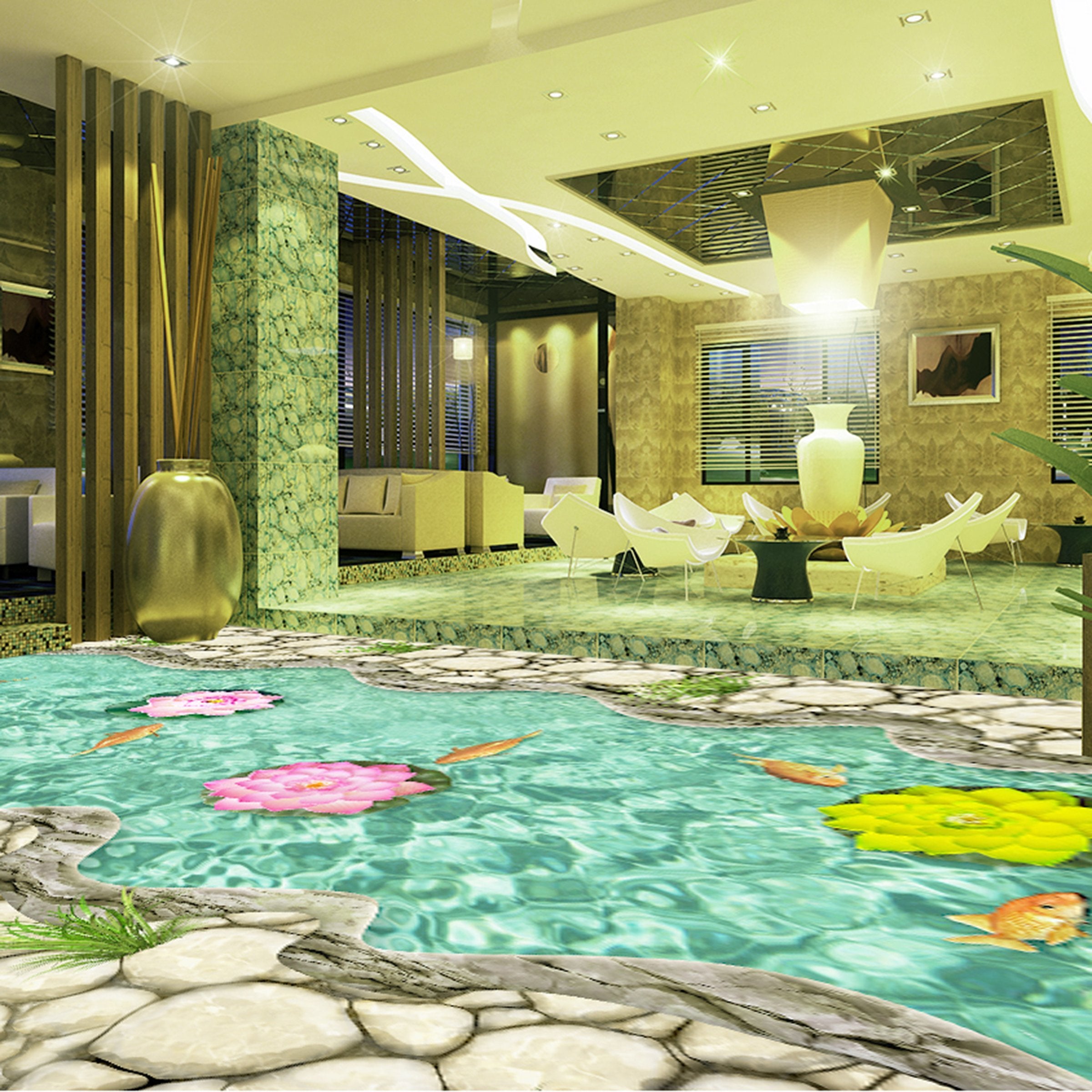 3D Lotus Goldfish WG585 Floor Mural Wallpaper AJ Wallpaper 2