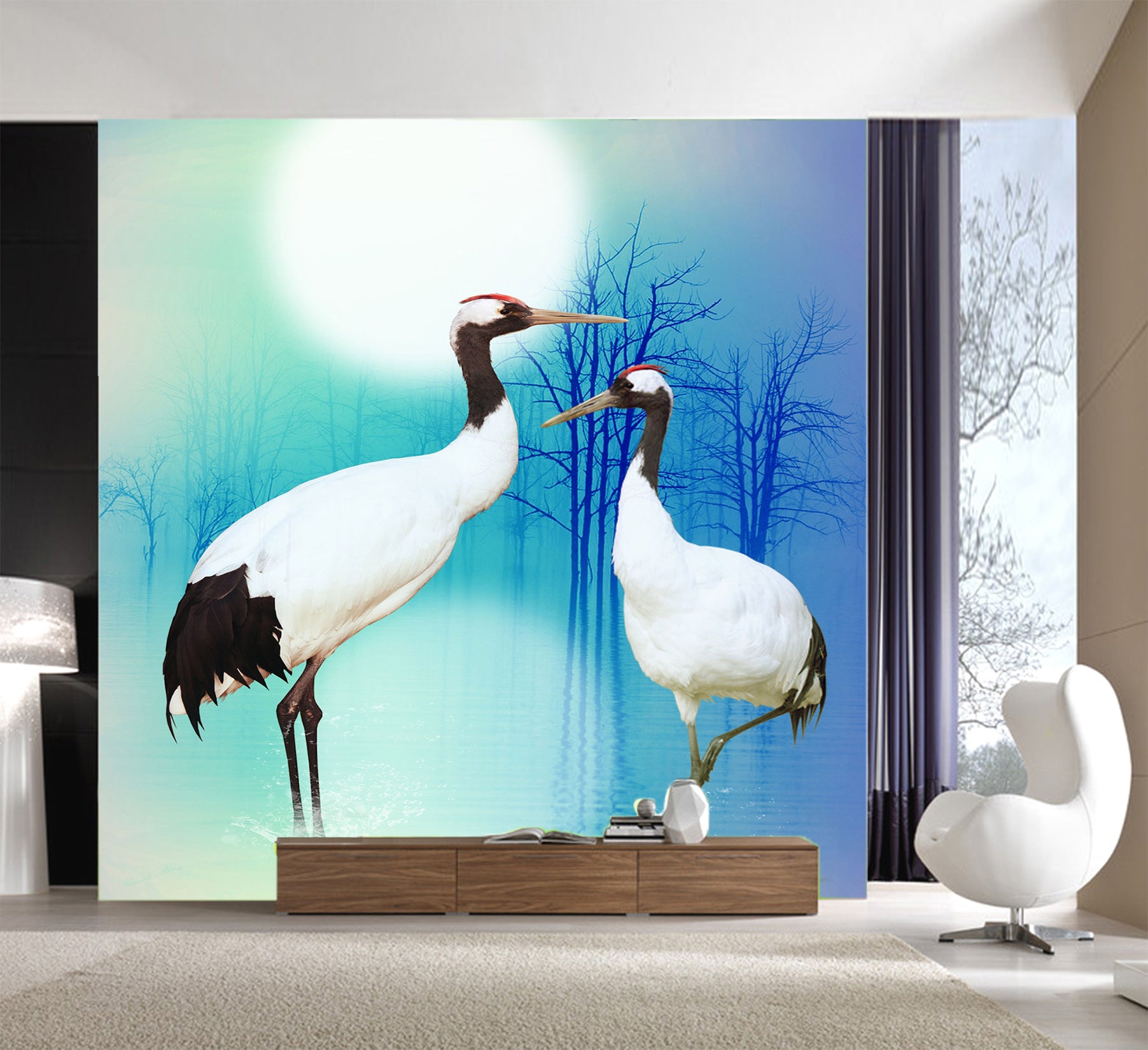 3D Moon White Crane 1089 Wall Murals