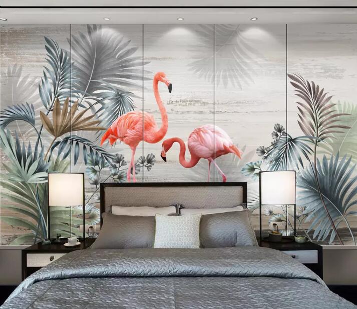 3D Flamingo Leaves WG71 Wall Murals Wallpaper AJ Wallpaper 2
