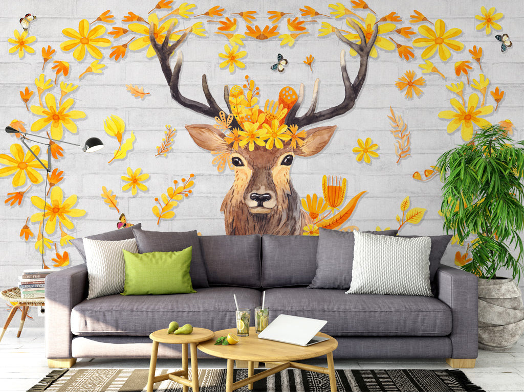 3D Flower Deer WG088 Wall Murals