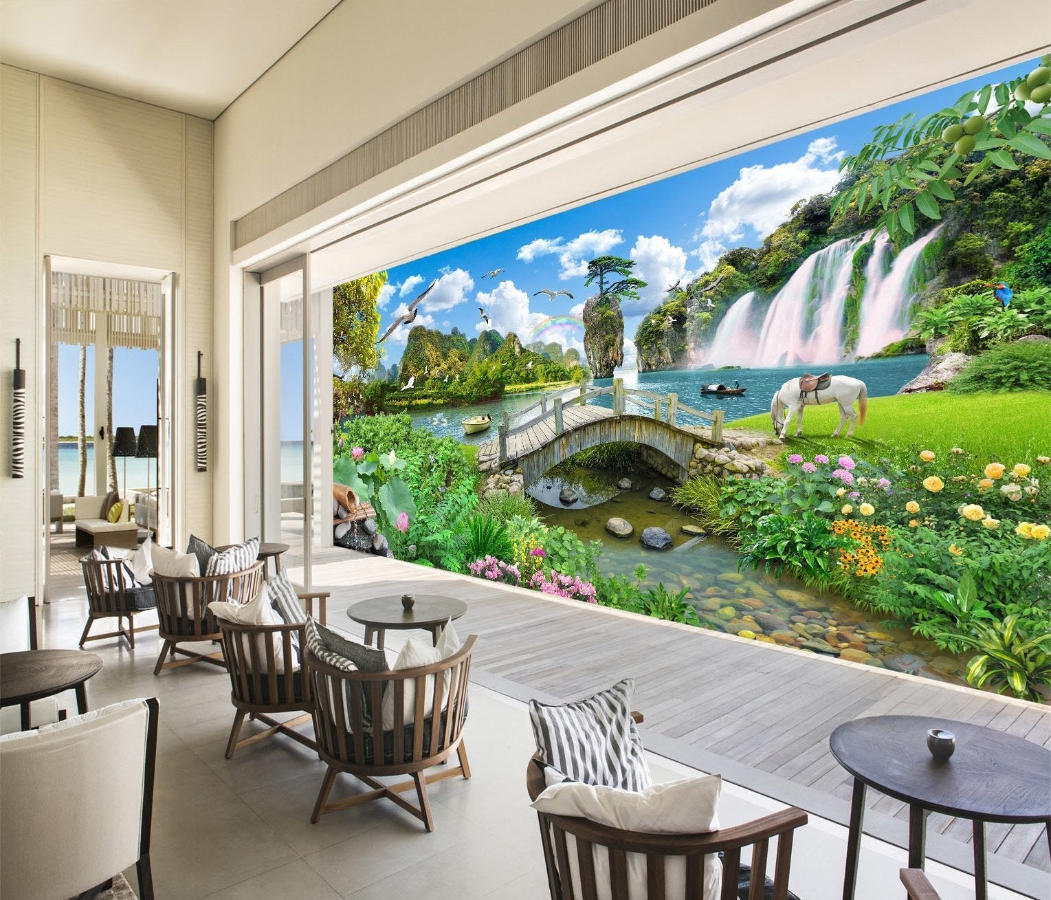 3D Waterfall Rainbow Horse 288 Wallpaper AJ Wallpaper