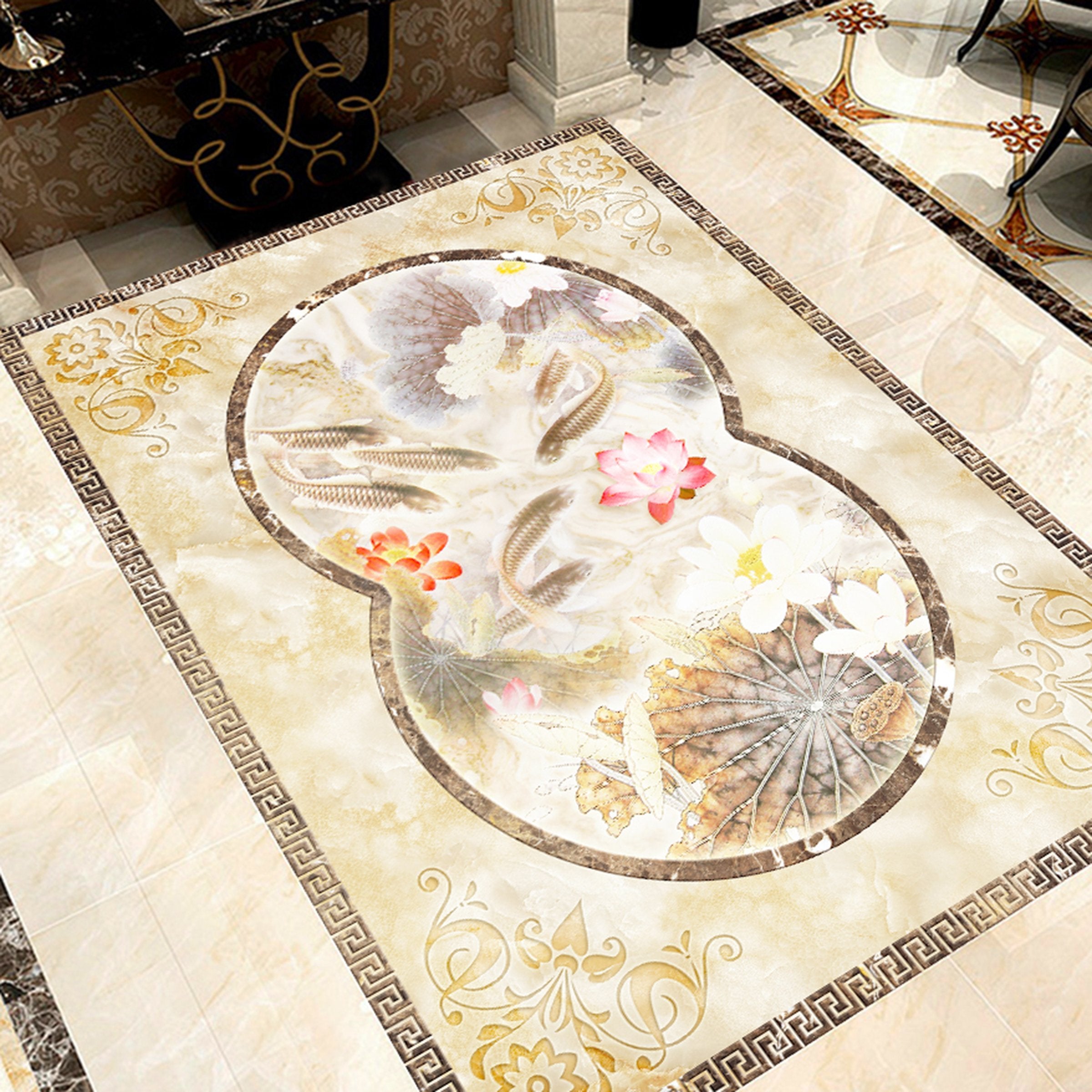 3D Lotus Goldfish WG122 Floor Mural Wallpaper AJ Wallpaper 2