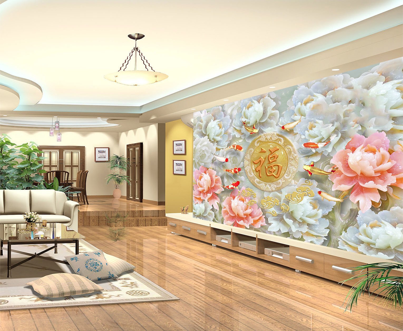 3D Embossed Flower Fish 287 Wallpaper AJ Wallpaper