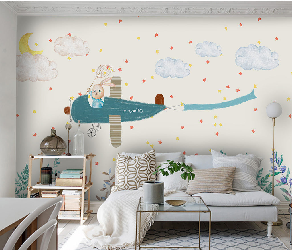 3D Blue Plane WC058 Wall Murals