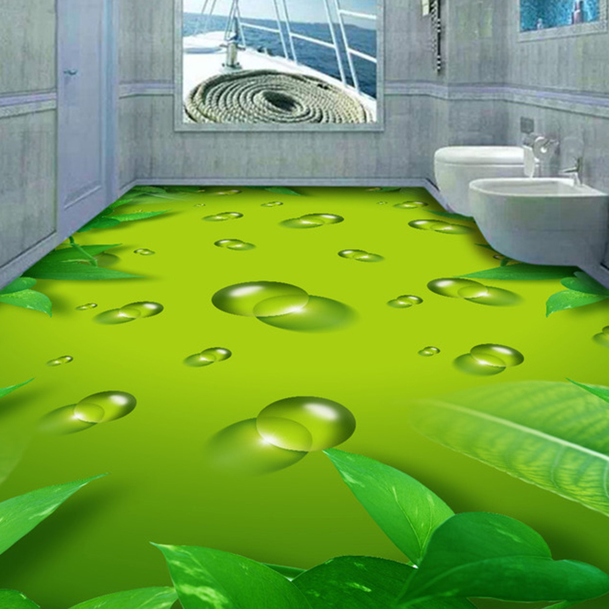 3D Green Leaf Water Drops WG268 Floor Mural Wallpaper AJ Wallpaper 2