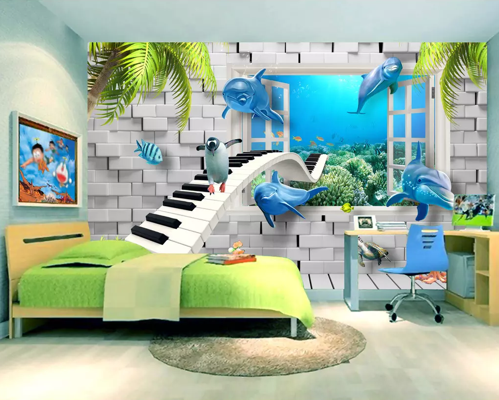 3D Dolphin Penguin Piano 176 Wallpaper AJ Wallpaper 2