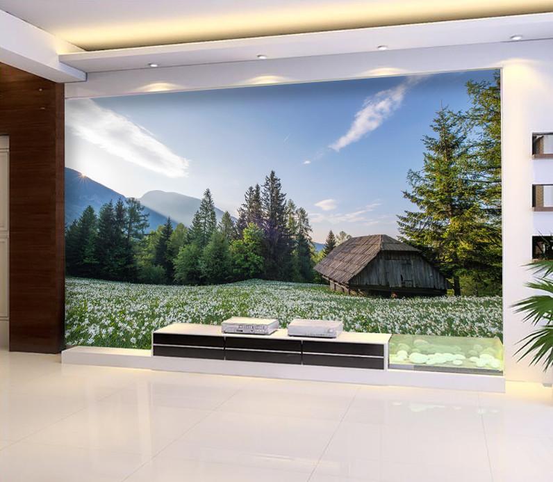 3D Green Pines Flower Fields 07 Wallpaper AJ Wallpaper