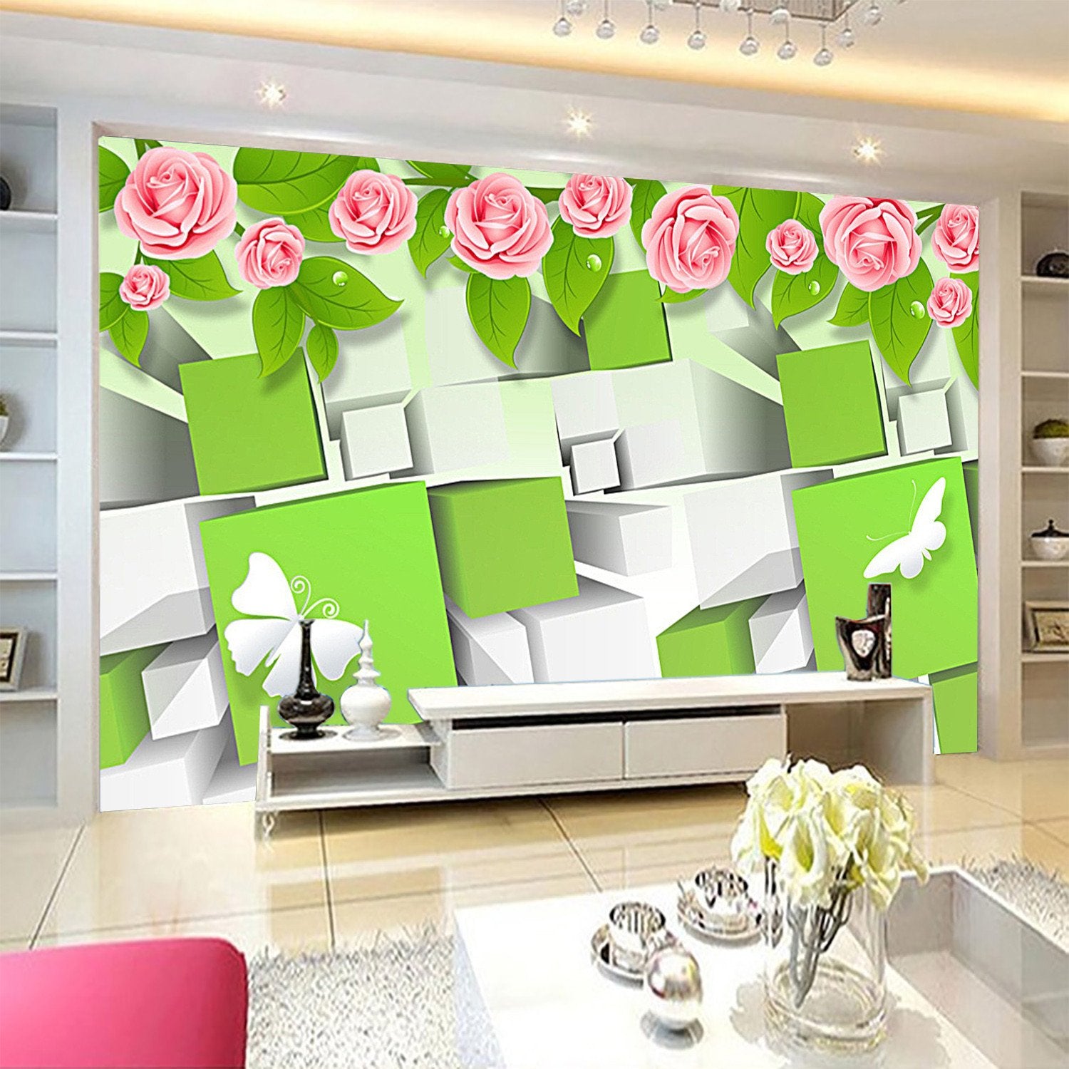3D Rosy Flower Green Leaves 43 Wallpaper AJ Wallpaper