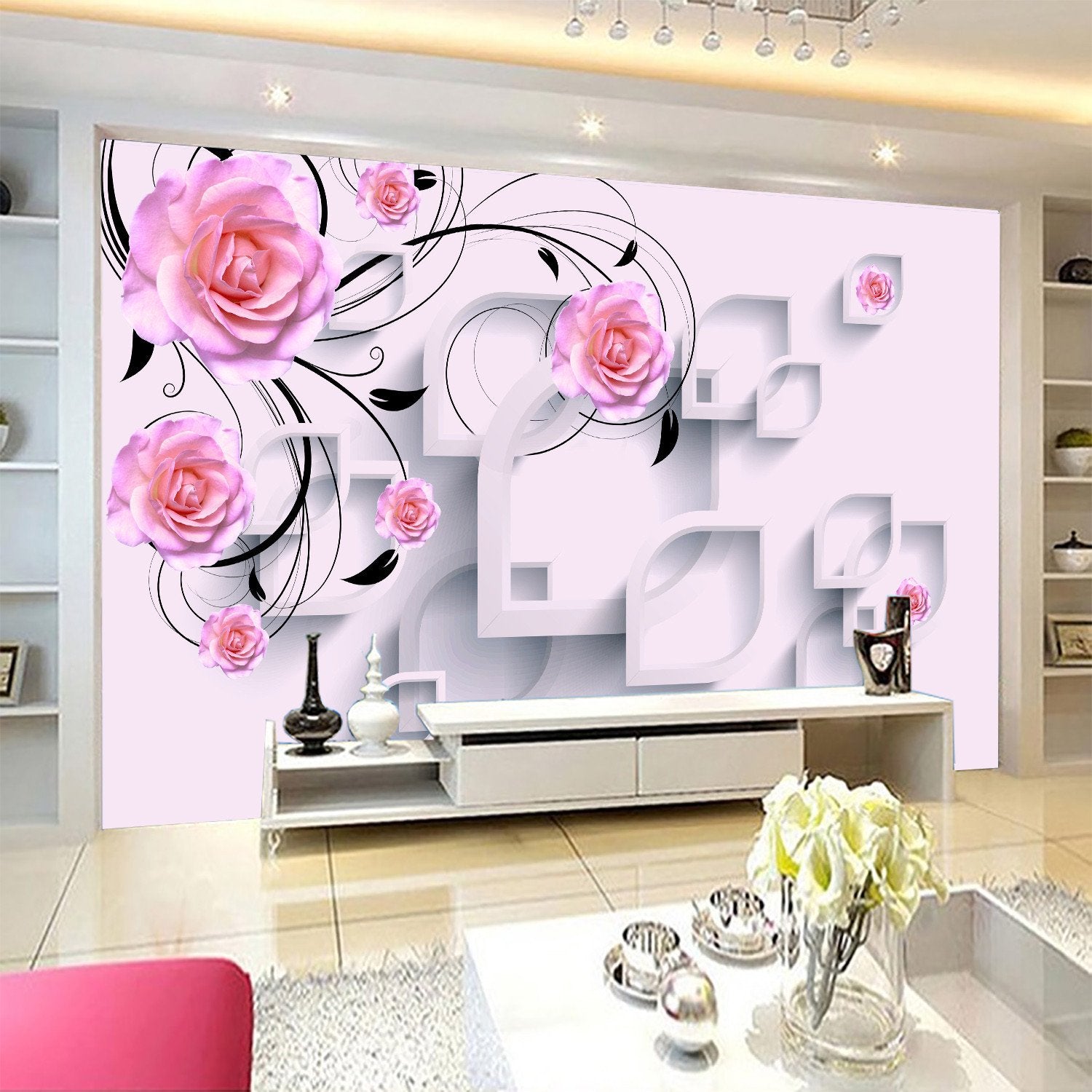 3D Wall Pink Rose 23 Wallpaper AJ Wallpaper