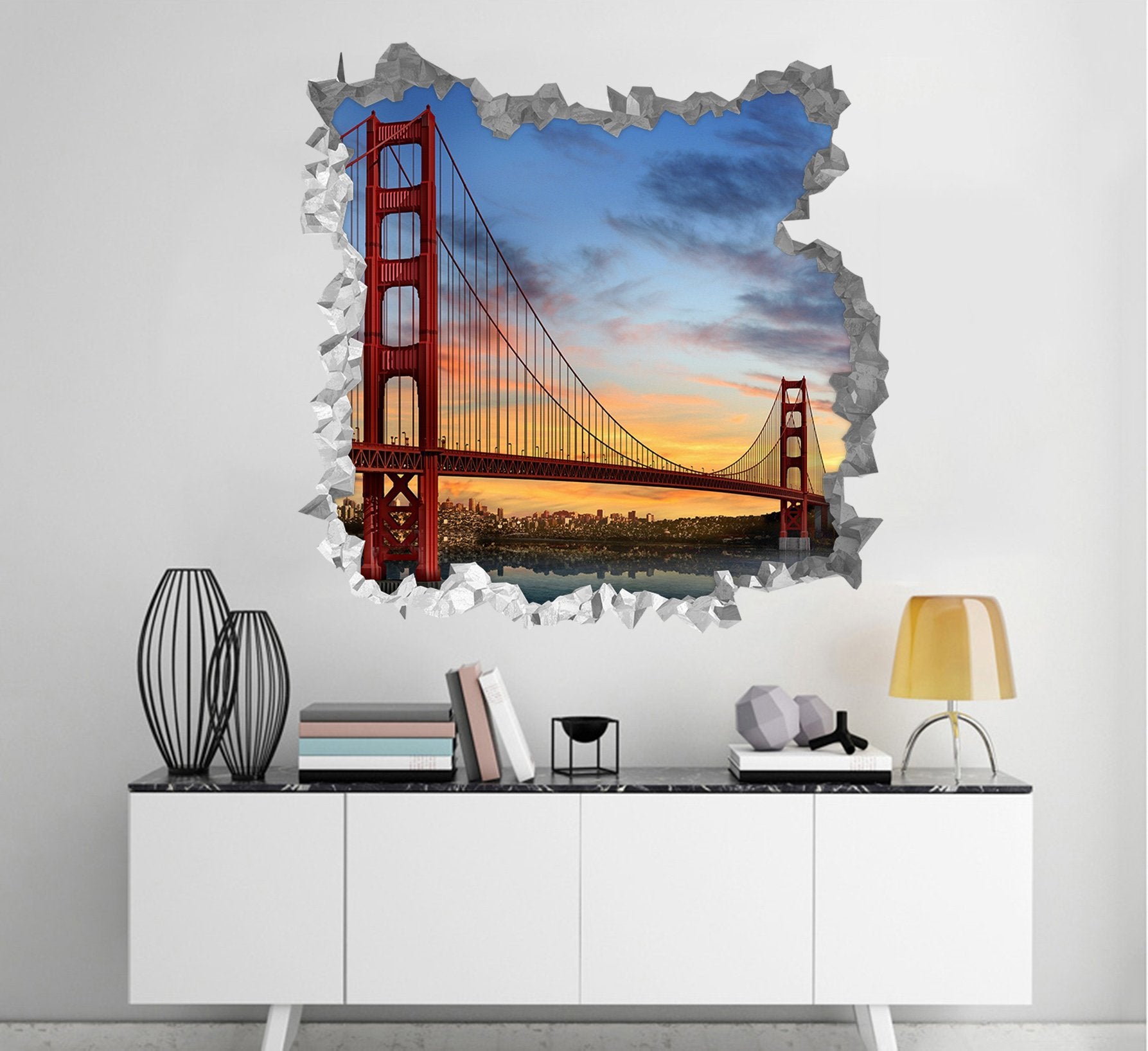 3D City Bridge Sunset 231 Broken Wall Murals Wallpaper AJ Wallpaper