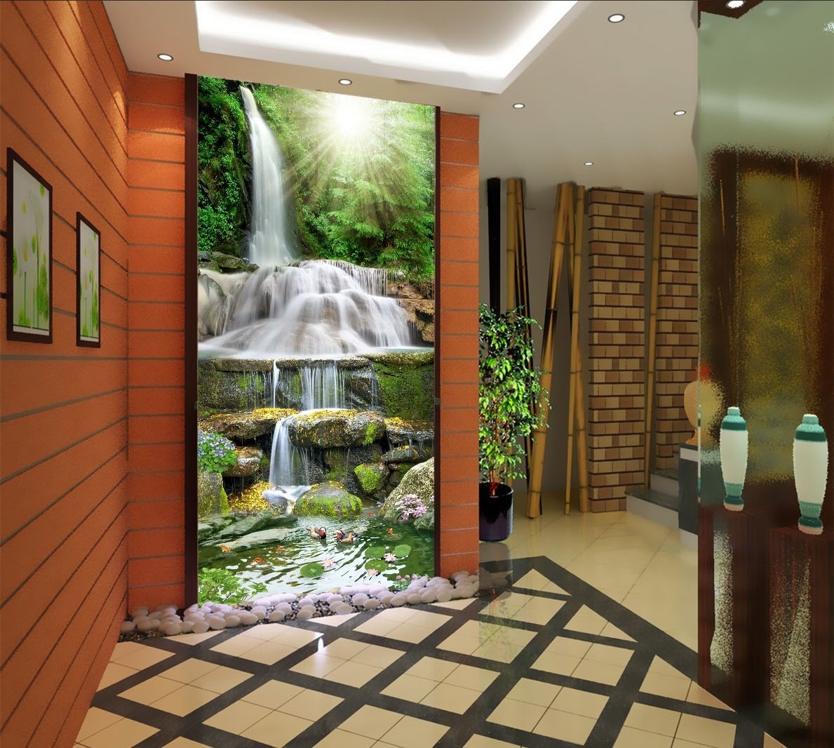 3D Waterfall Mandarin Duck 380 Wallpaper AJ Wallpaper