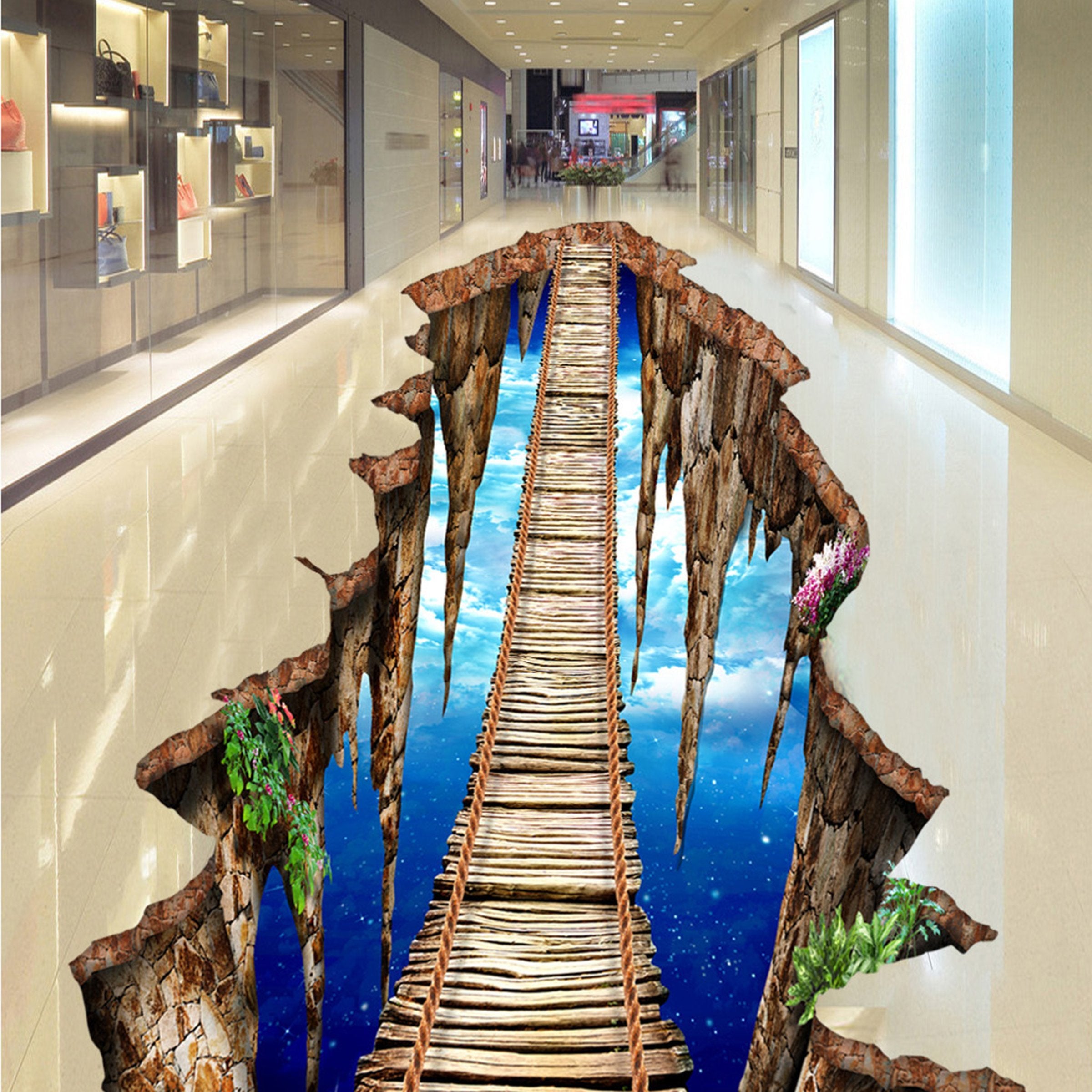 3D Mountain Peak Wooden Bridge WG433 Floor Mural Wallpaper AJ Wallpaper 2