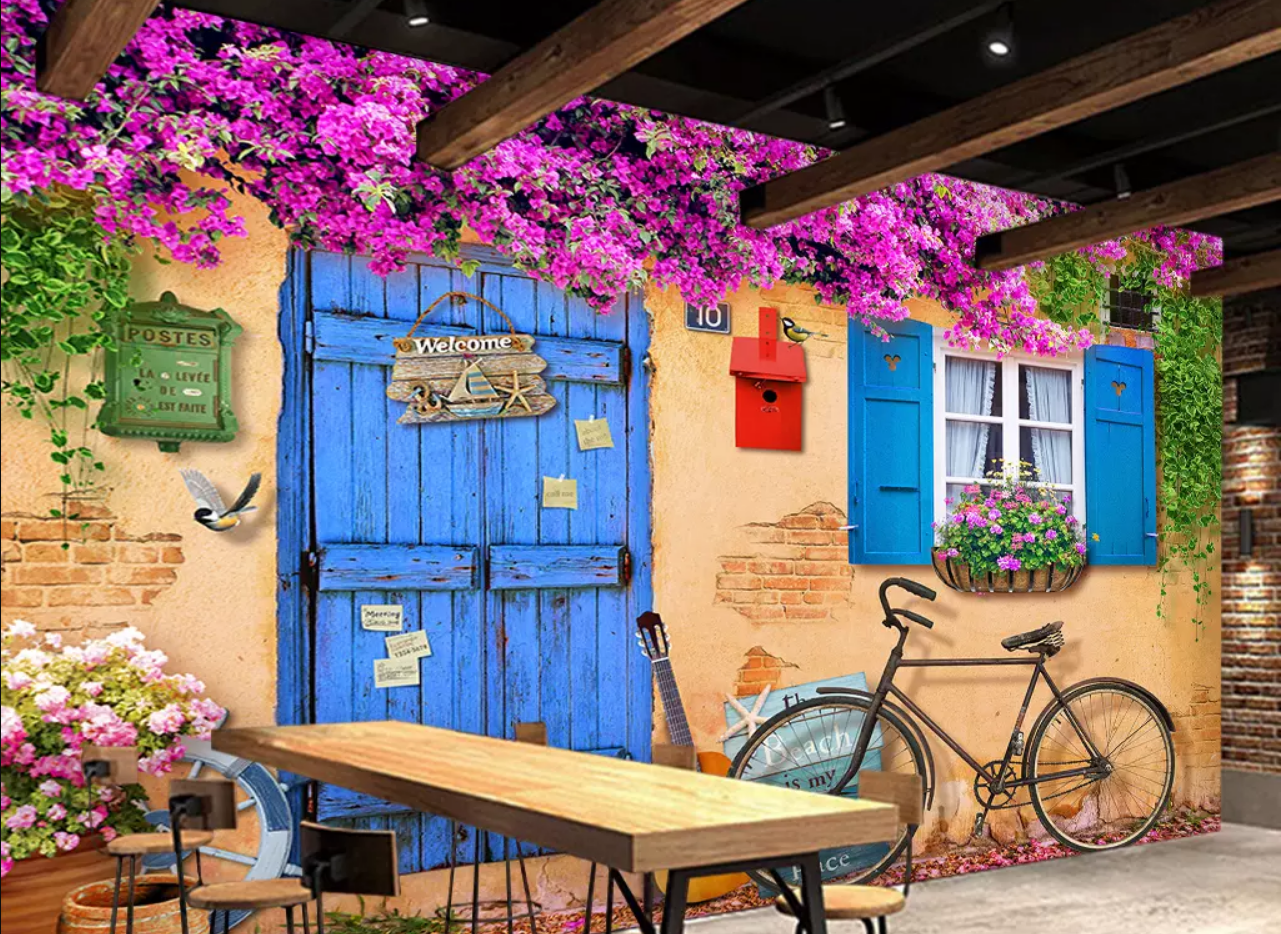 3D Wooden Door Flower Bicycle 185 Wallpaper AJ Wallpaper 2