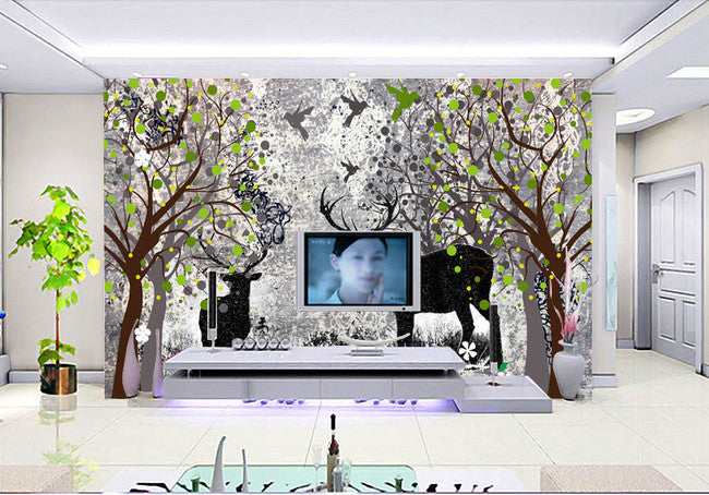 3D Tree Black Deer WG062 Wall Murals