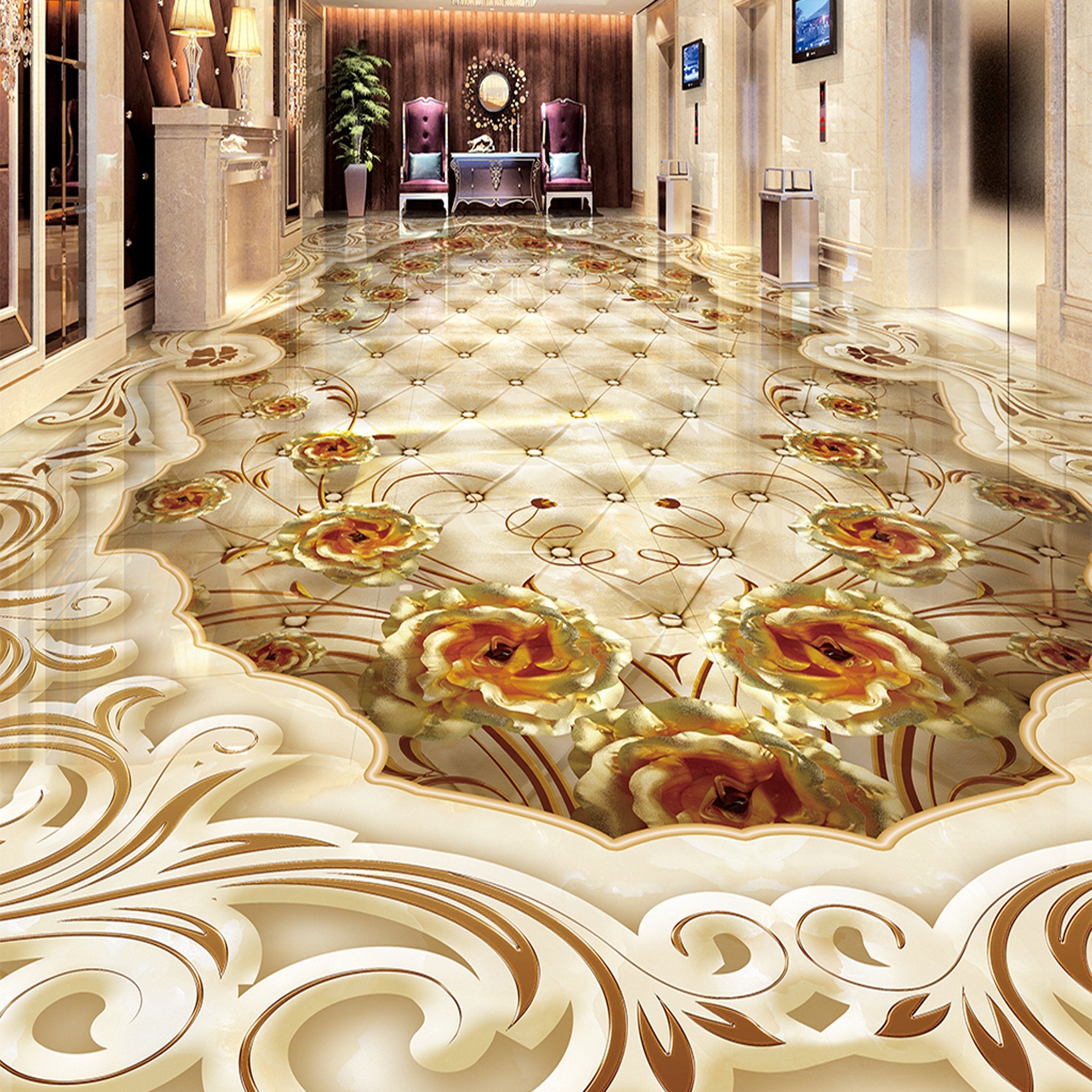 3D Golden Flowers WG303 Floor Mural Wallpaper AJ Wallpaper 2