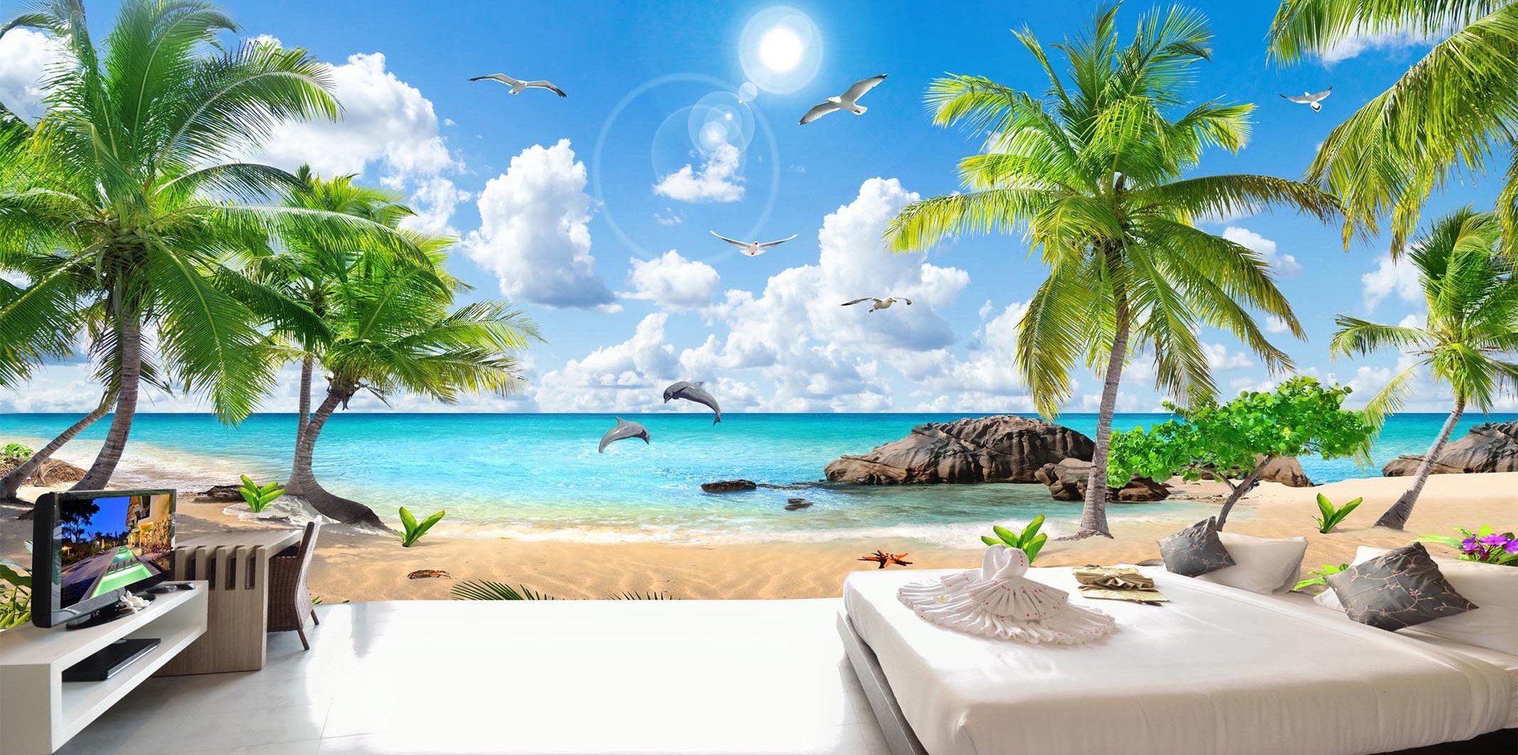3D Sunny Dolphin Beach 296 Wallpaper AJ Wallpaper
