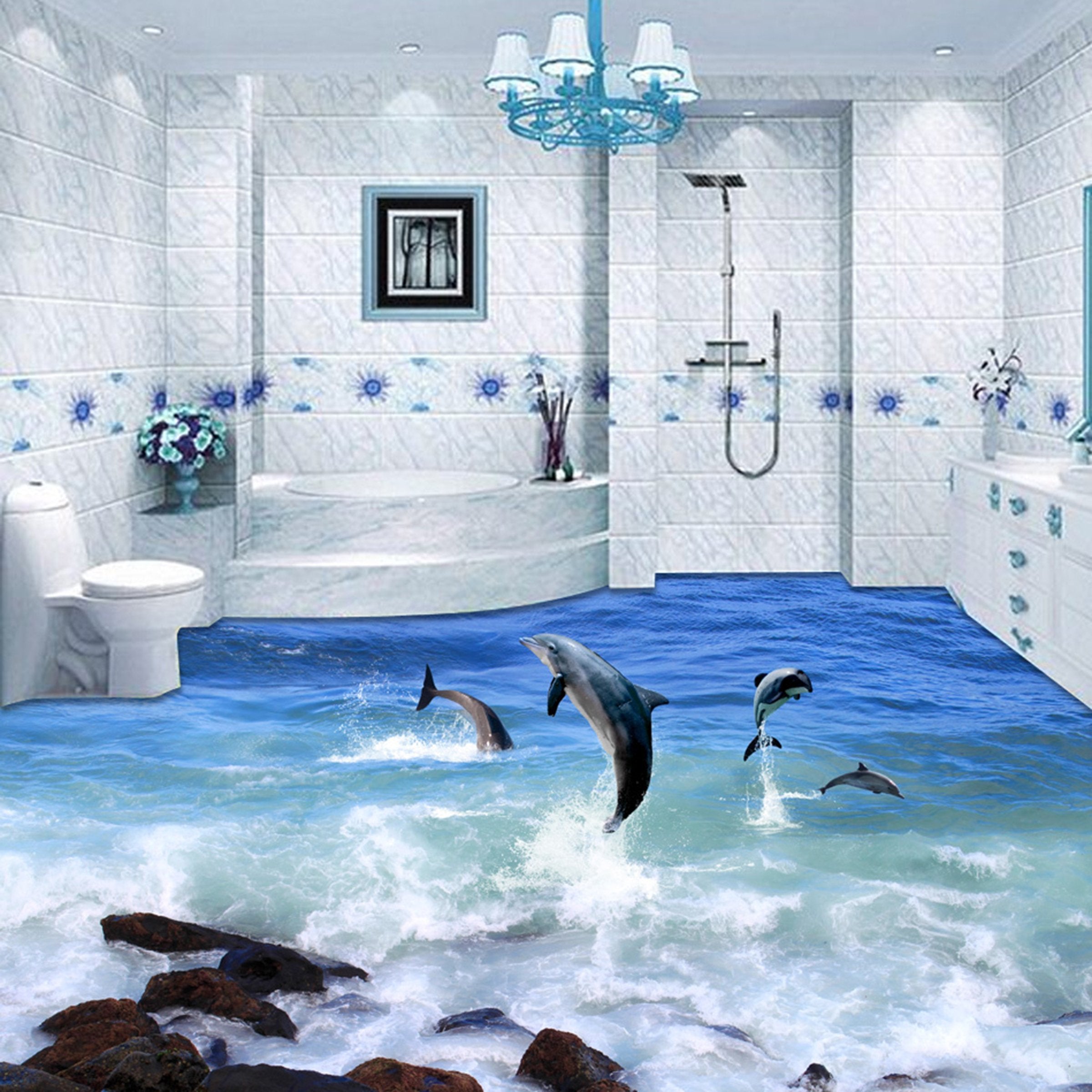3D Dolphin Dancing WG394 Floor Mural Wallpaper AJ Wallpaper 2