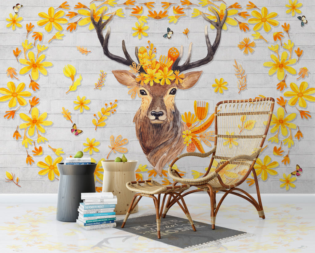 3D Flower Deer WG088 Wall Murals