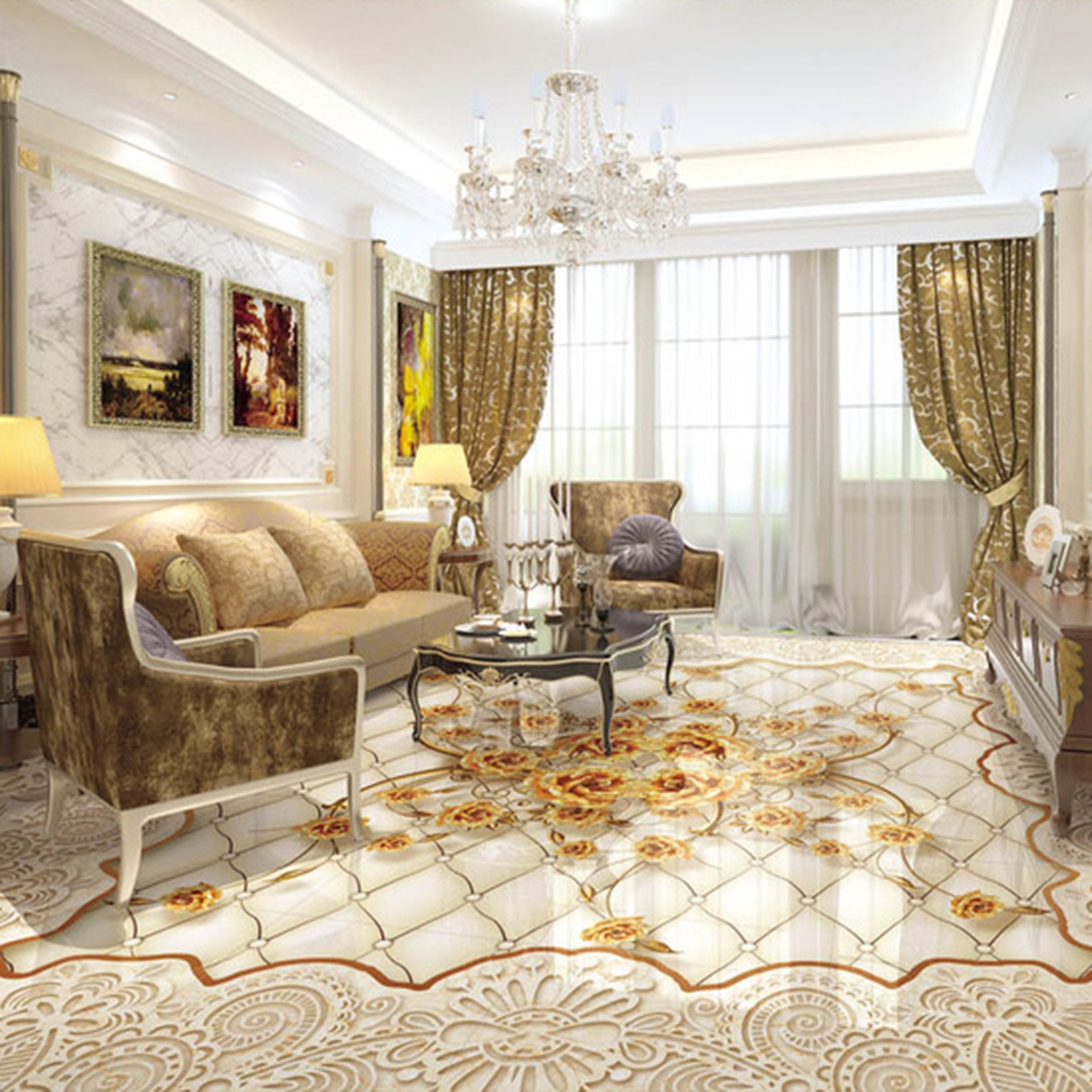 3D Golden Flowers WG033 Floor Mural Wallpaper AJ Wallpaper 2