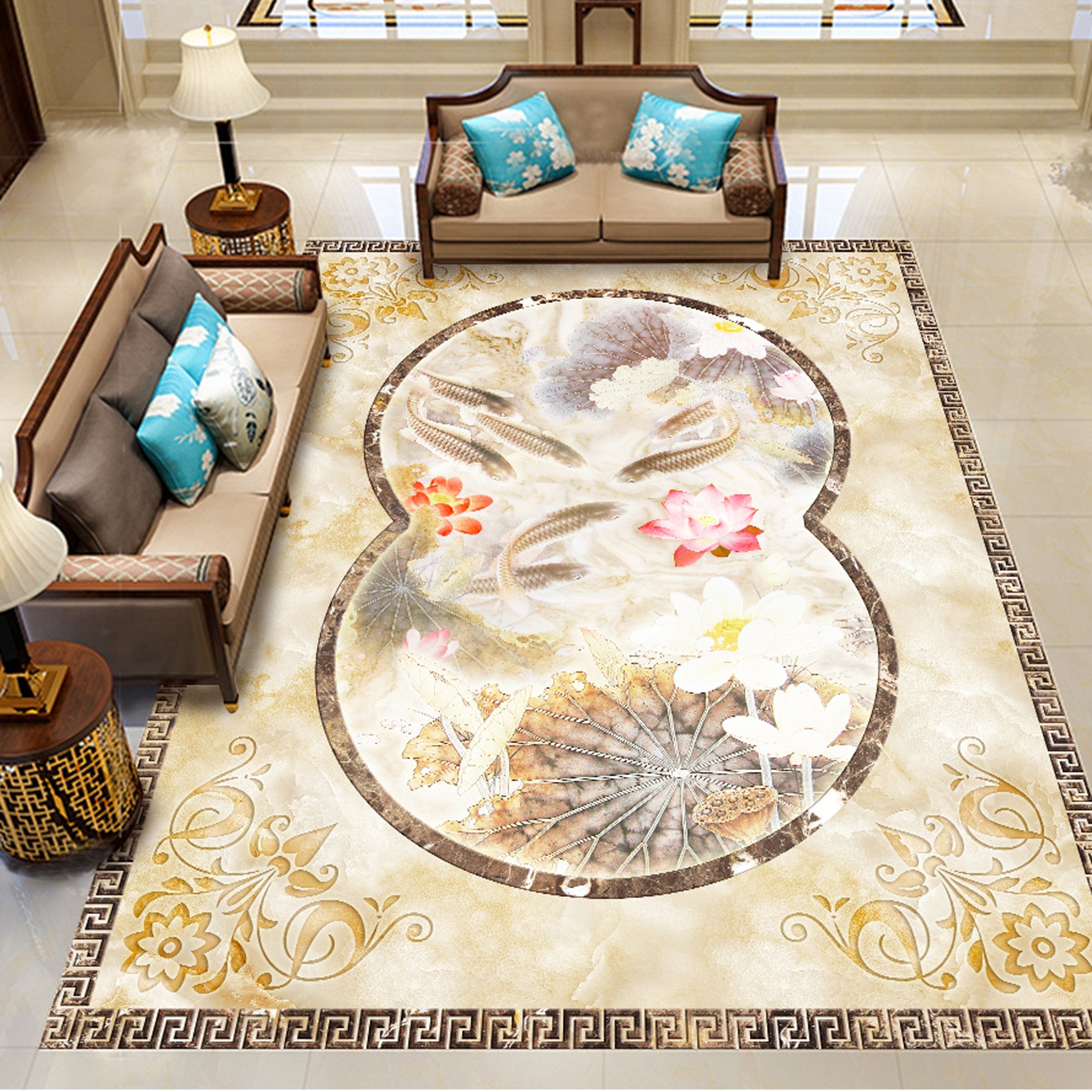 3D Lotus Goldfish WG122 Floor Mural Wallpaper AJ Wallpaper 2