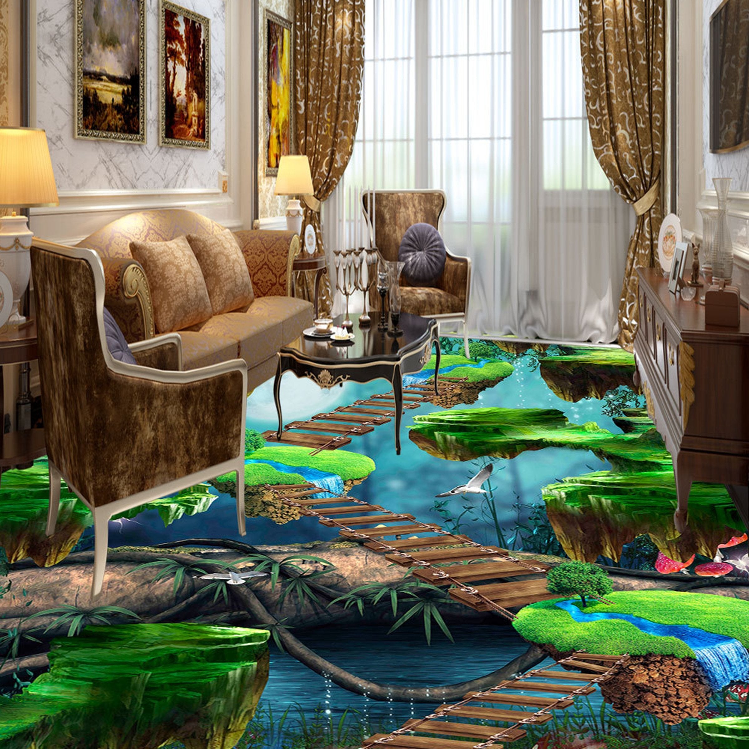 3D Mountain Bridge WG660 Floor Mural Wallpaper AJ Wallpaper 2